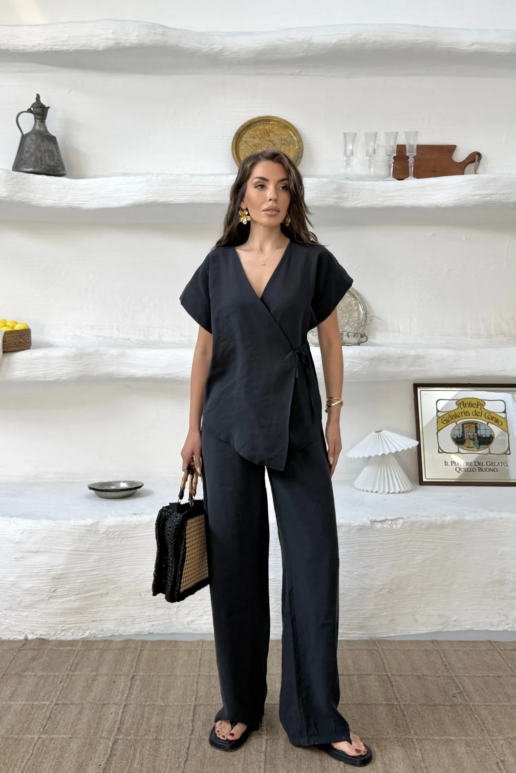 Siyah Bağlamalı Oversize Tencel Modal Takım