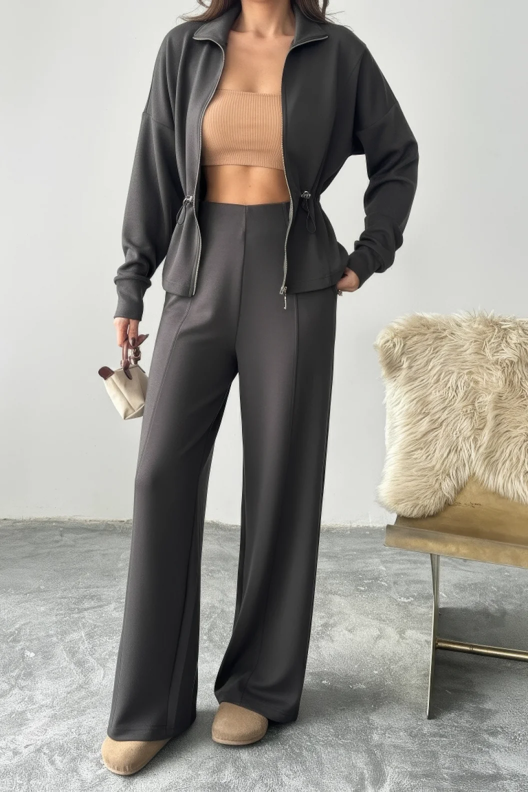 Antrasit Bel Büzgülü Modal Takım