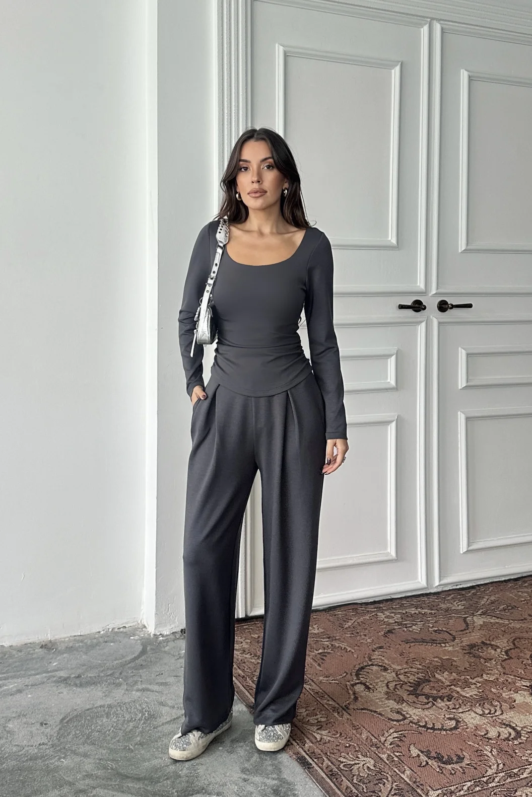 Antrasit Kare Yaka Büzgülü Modal Takım