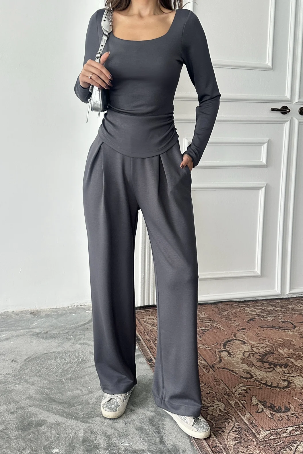 Antrasit Kare Yaka Büzgülü Modal Takım