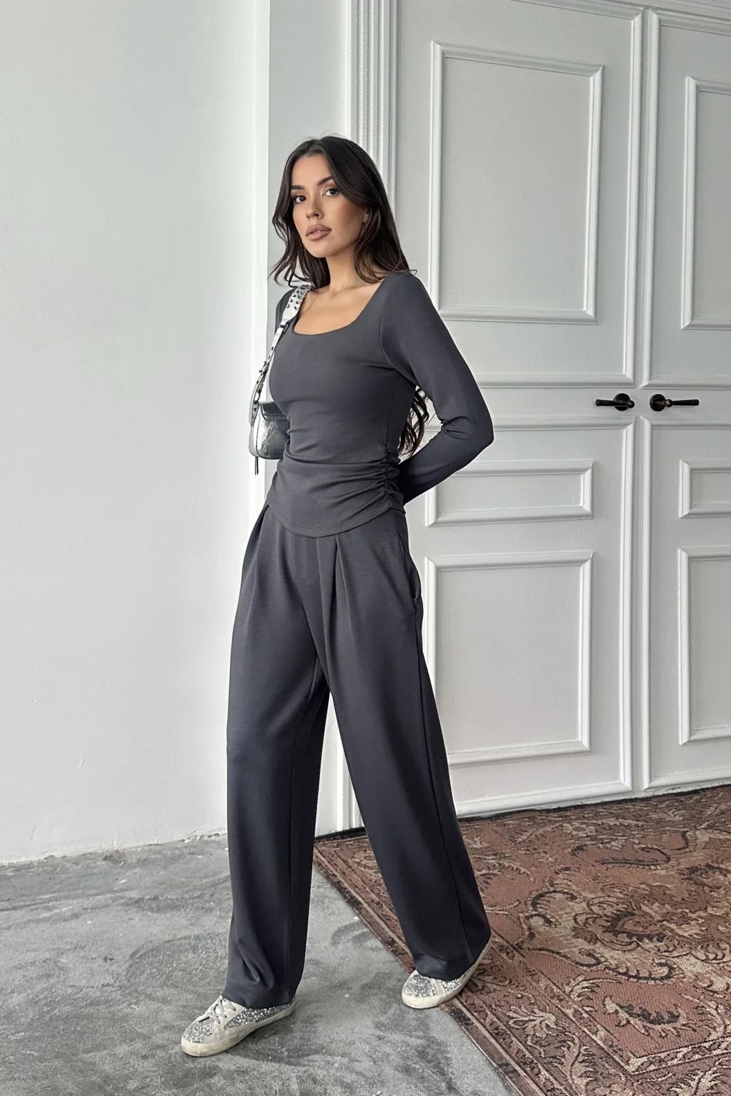 Antrasit Kare Yaka Büzgülü Modal Takım