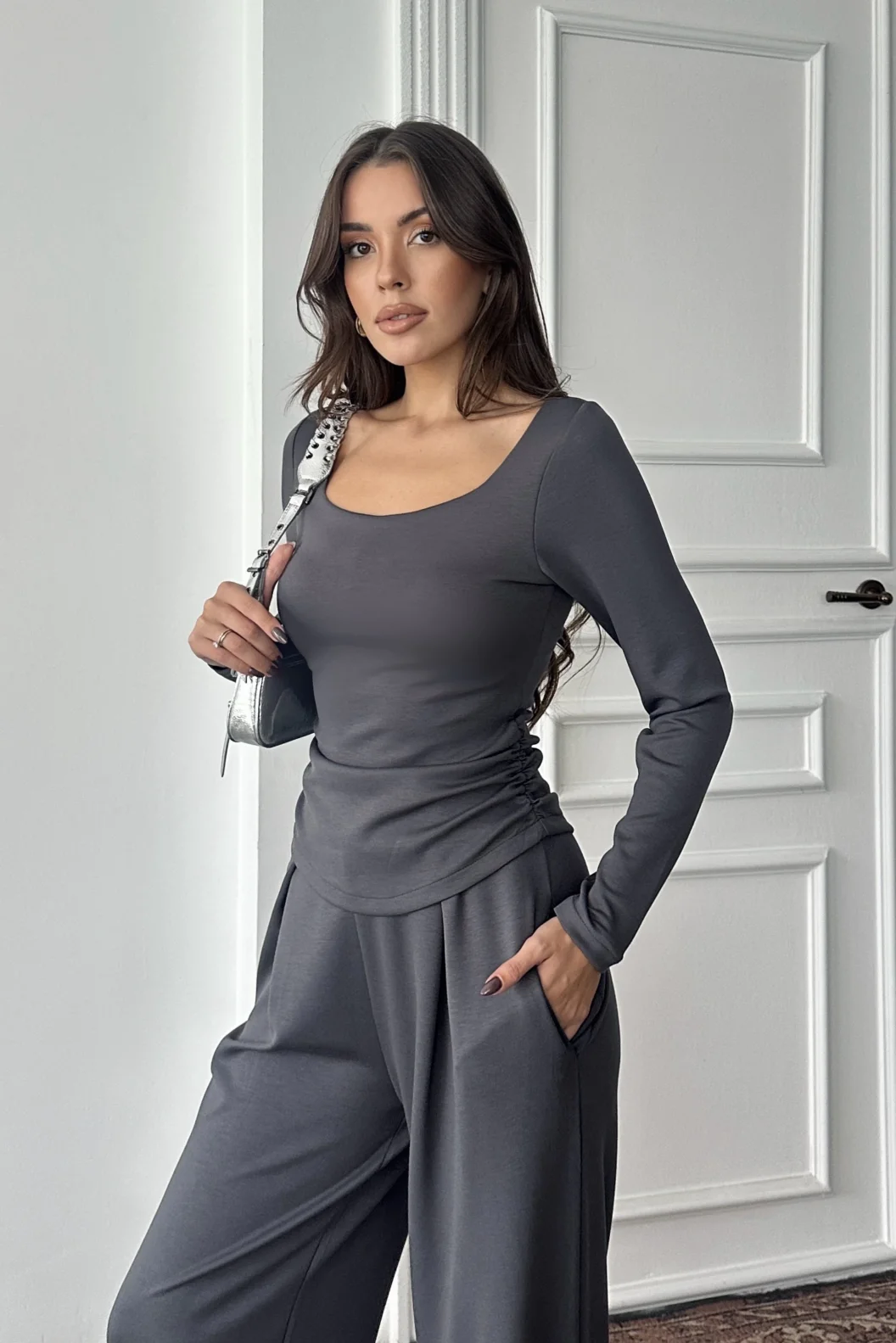 Antrasit Kare Yaka Büzgülü Modal Takım