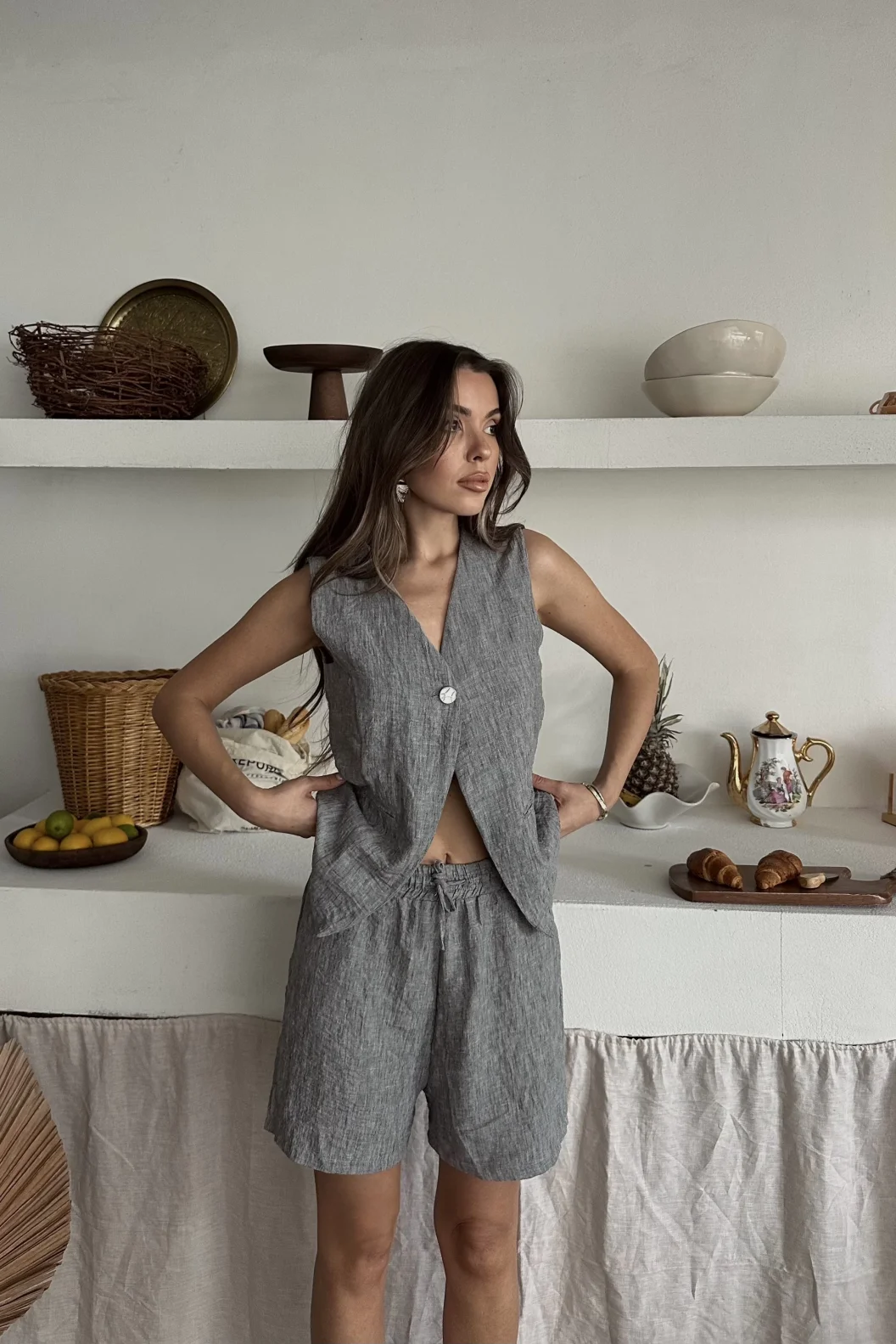 Antrasit Keten Tek Düğme Yelekli Şortlu Takım