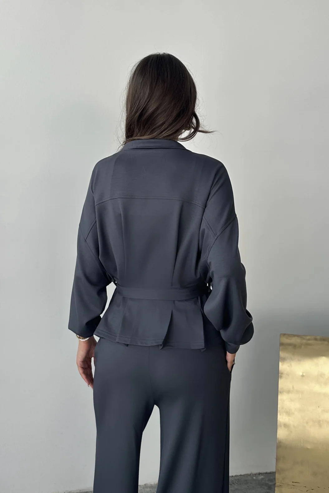 Antrasit Modal Pileli Bağlamalı Ceket Takım