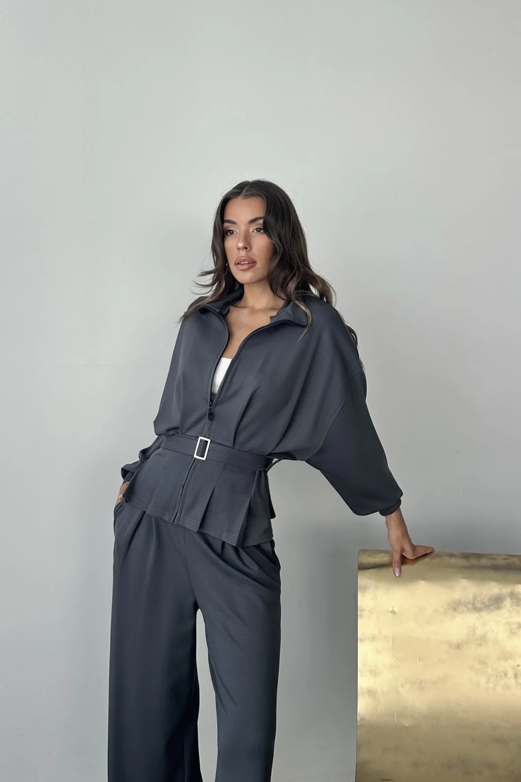 Antrasit Modal Pileli Bağlamalı Ceket Takım