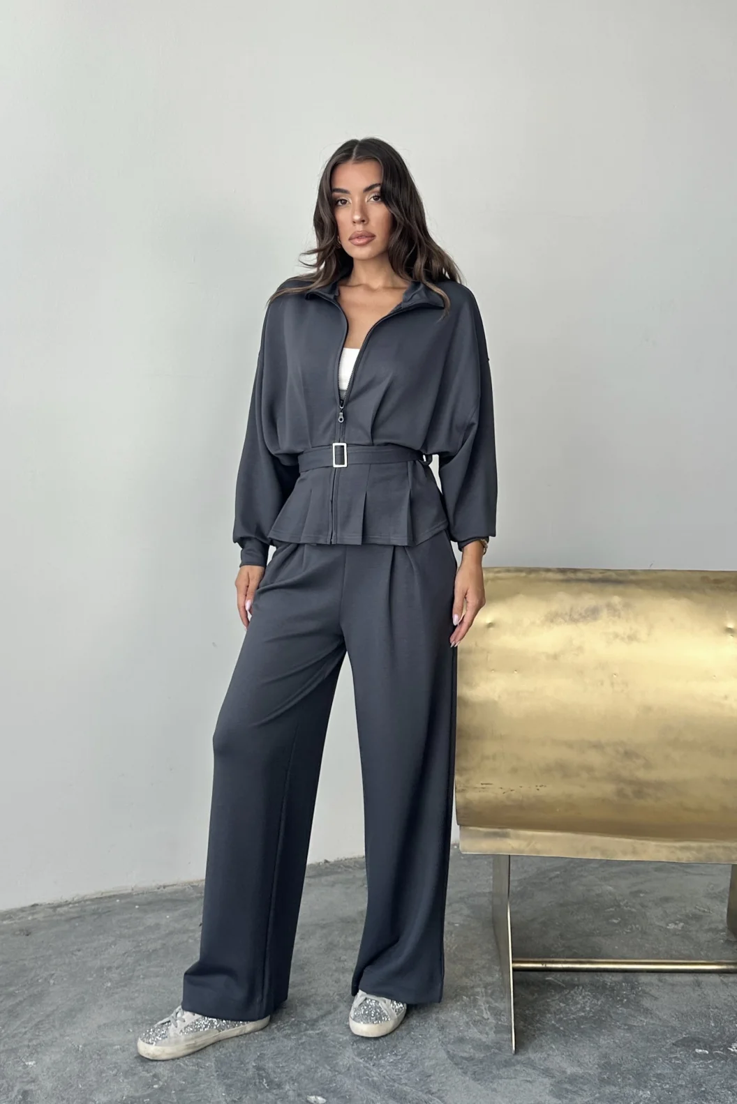 Antrasit Modal Pileli Bağlamalı Ceket Takım