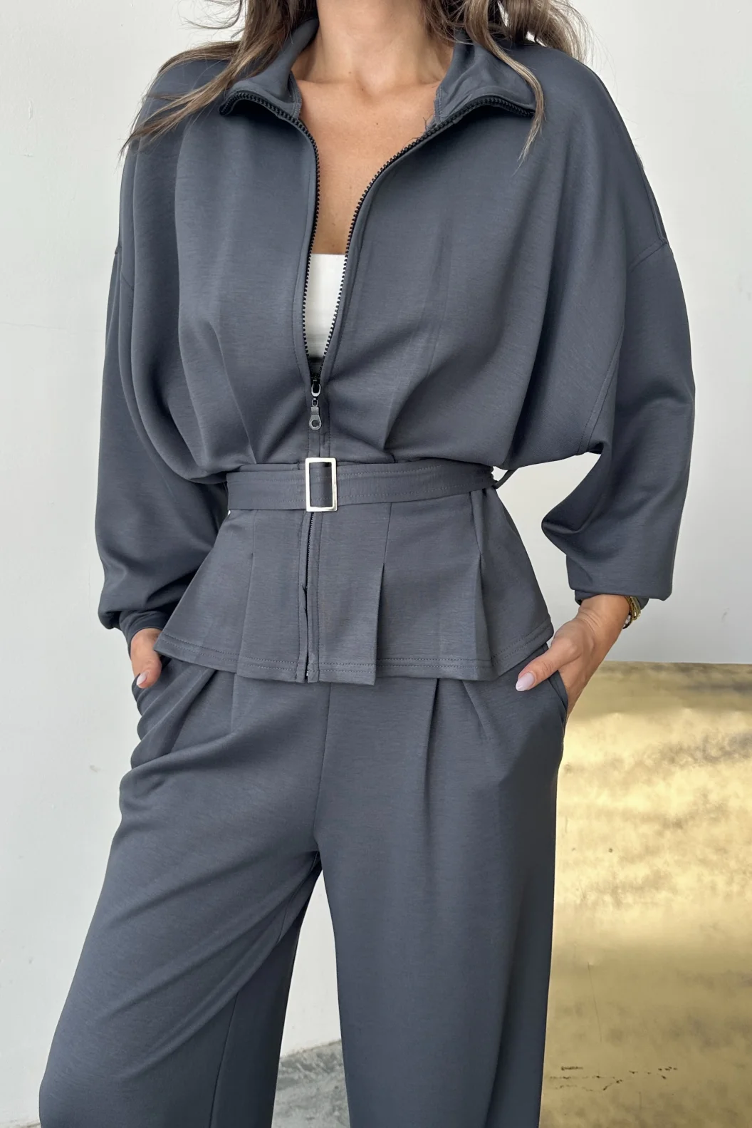 Antrasit Modal Pileli Bağlamalı Ceket Takım