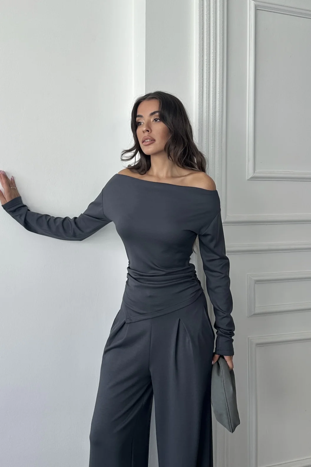 Antrasit Omuz Detaylı Büzgülü Modal Takım