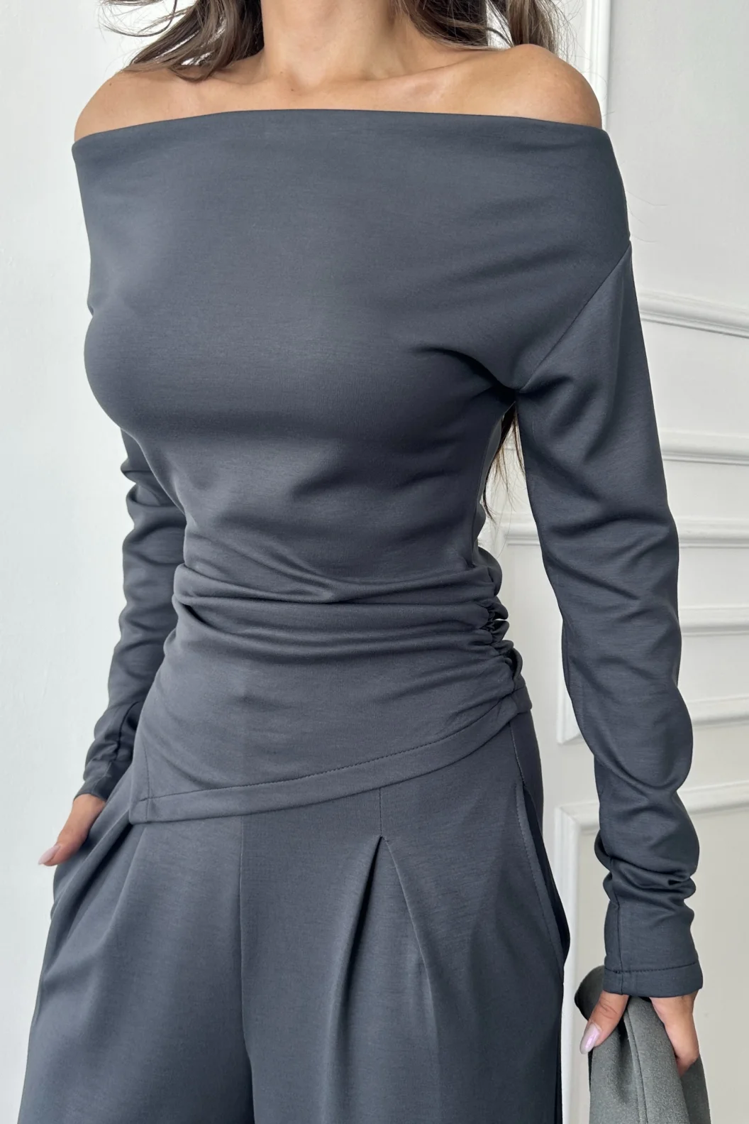 Antrasit Omuz Detaylı Büzgülü Modal Takım
