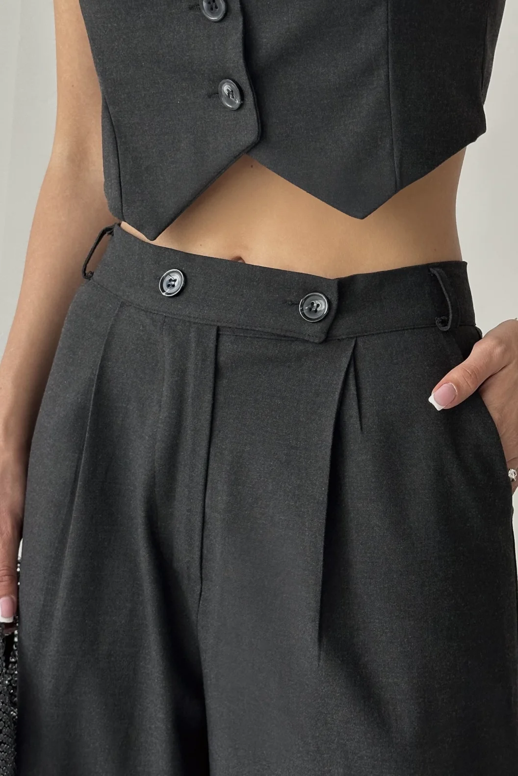 Antrasit Poliviskon Çift Düğme Palazzo Pantolon