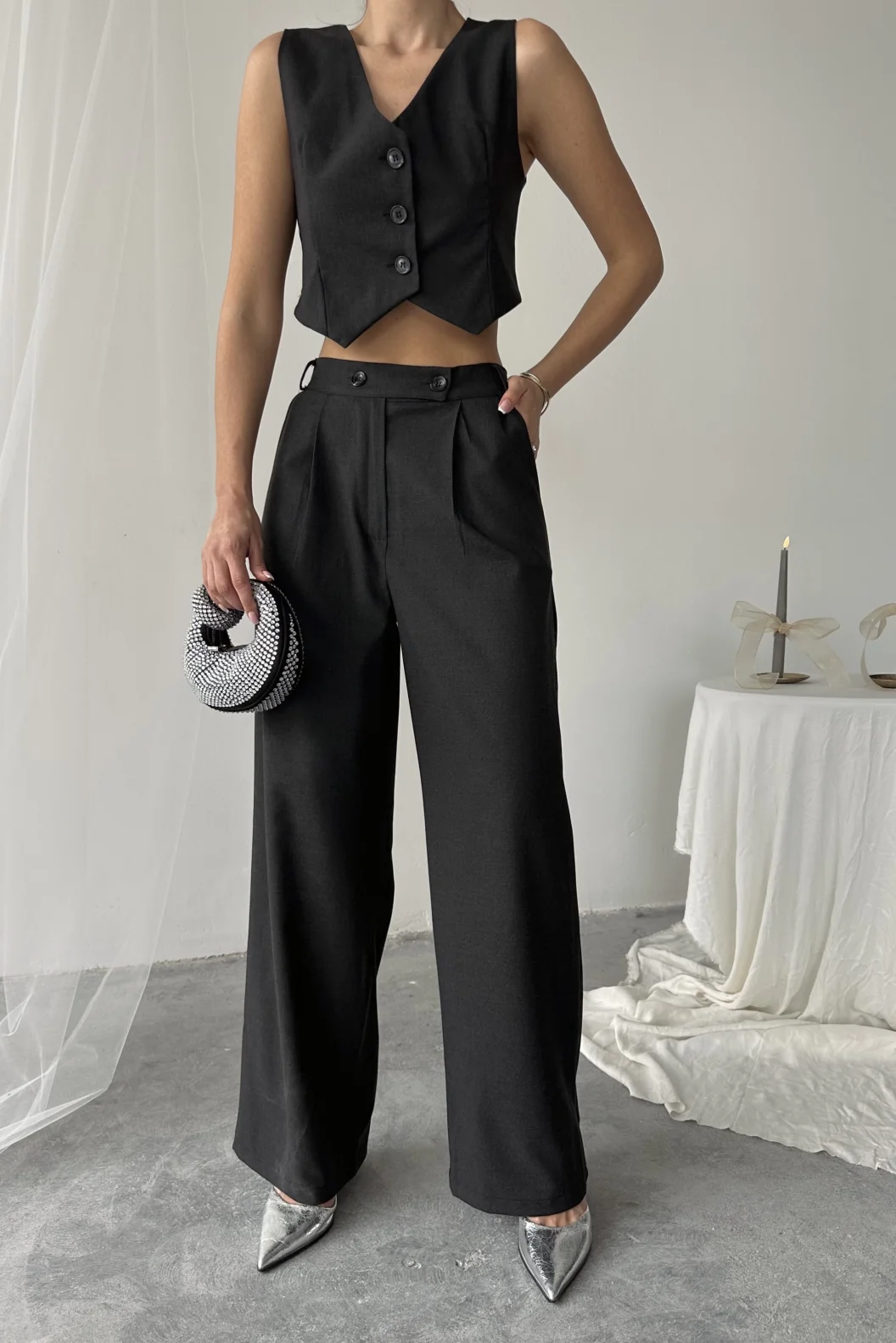 Antrasit Poliviskon Çift Düğme Palazzo Pantolon