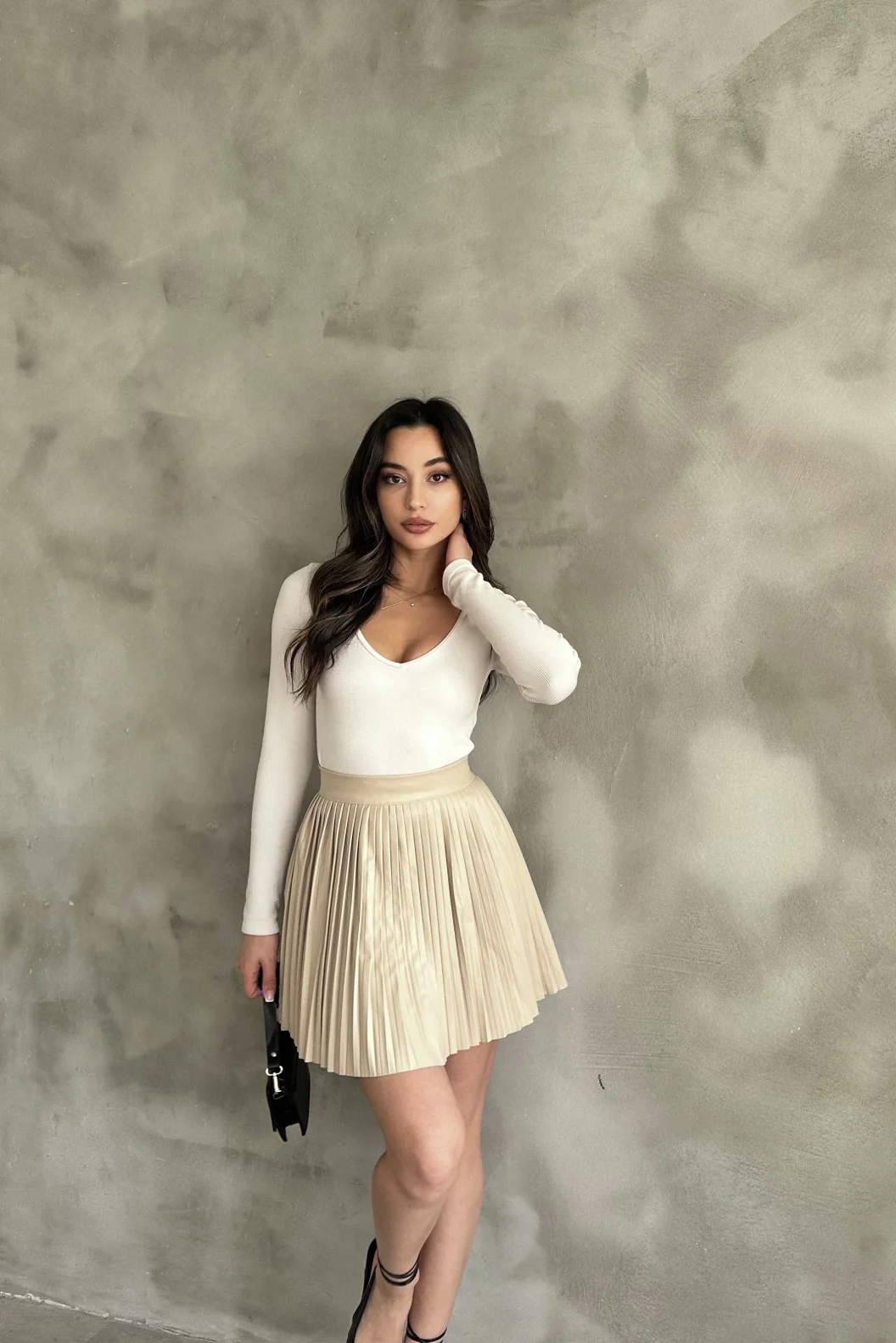 Bej Deri Pilise Etek