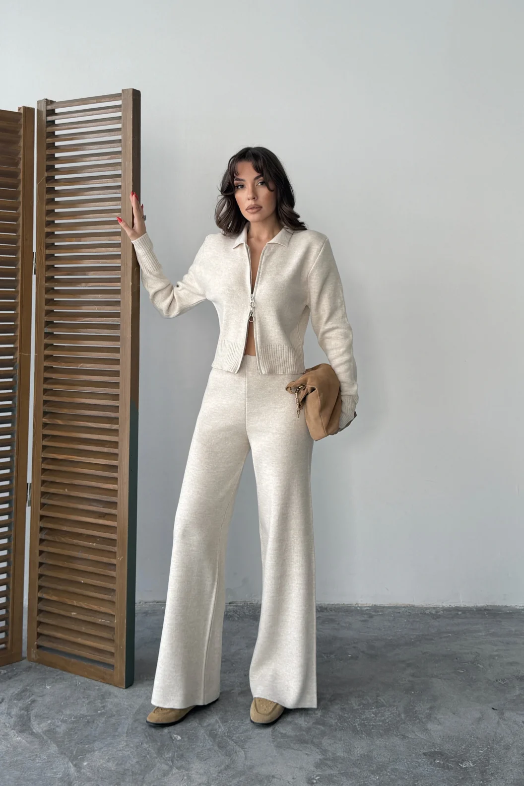 Bej Fermuarlı Triko Takım