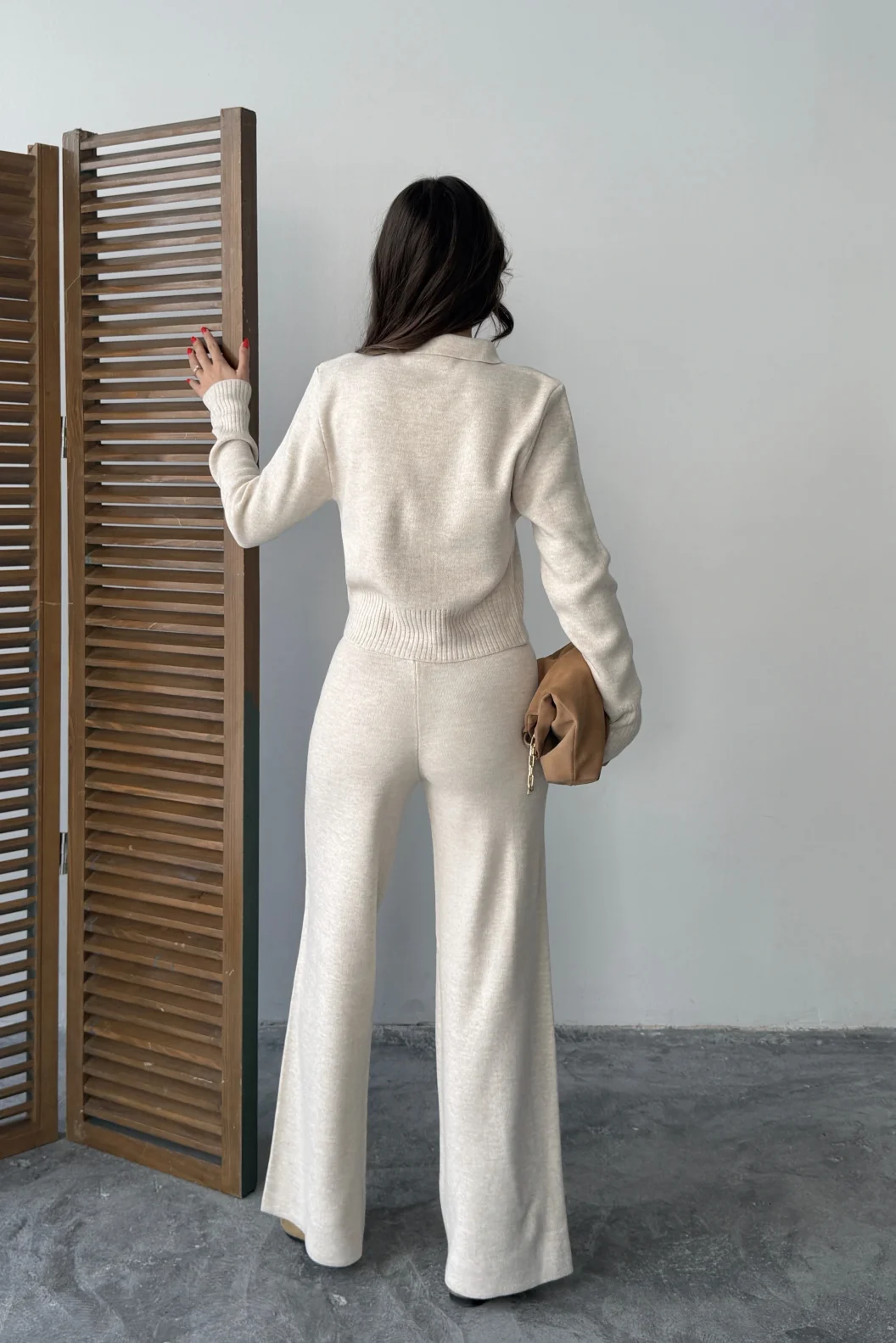 Bej Fermuarlı Triko Takım