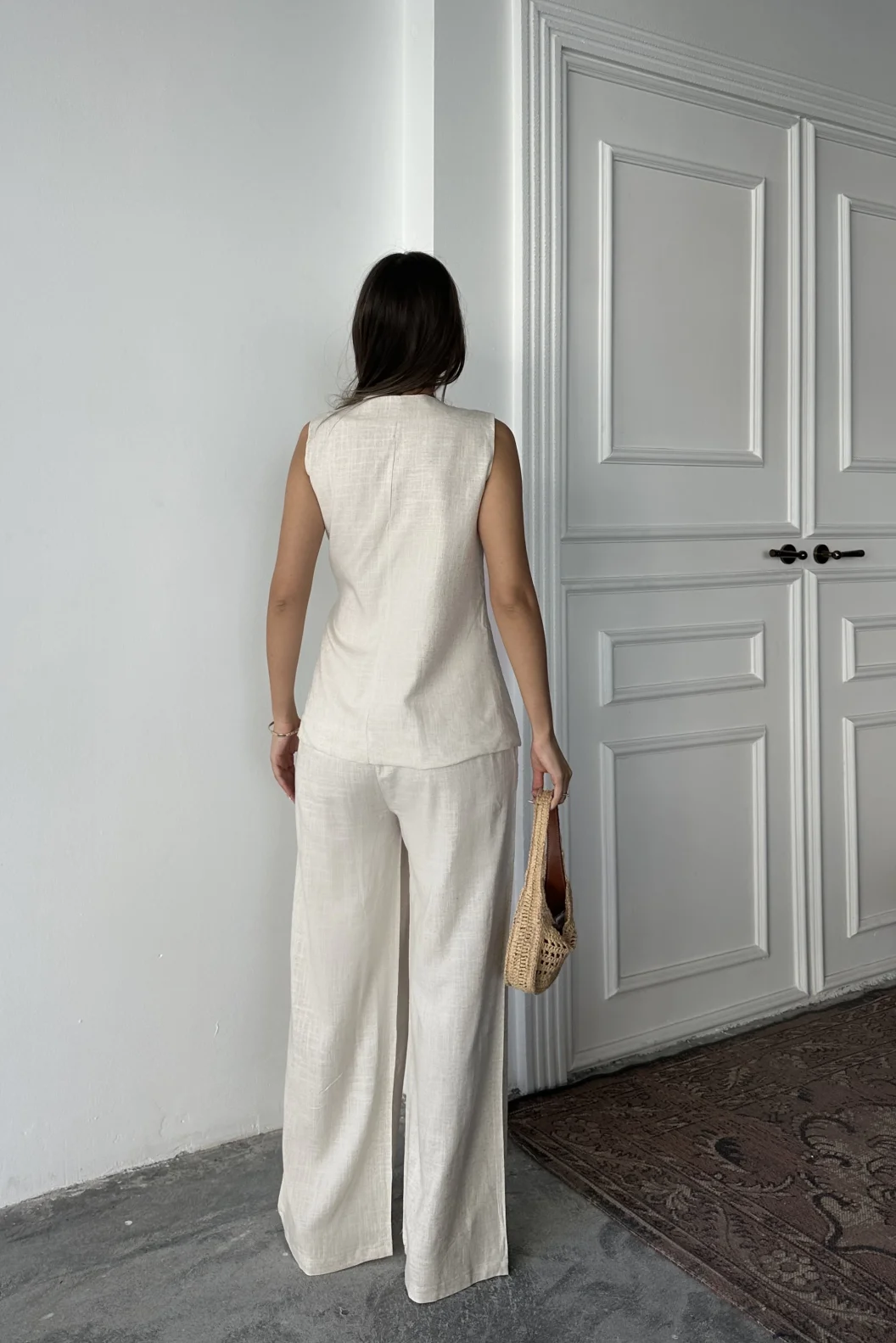 Bej Keten Tokalı Bağlamalı Yelek Takım