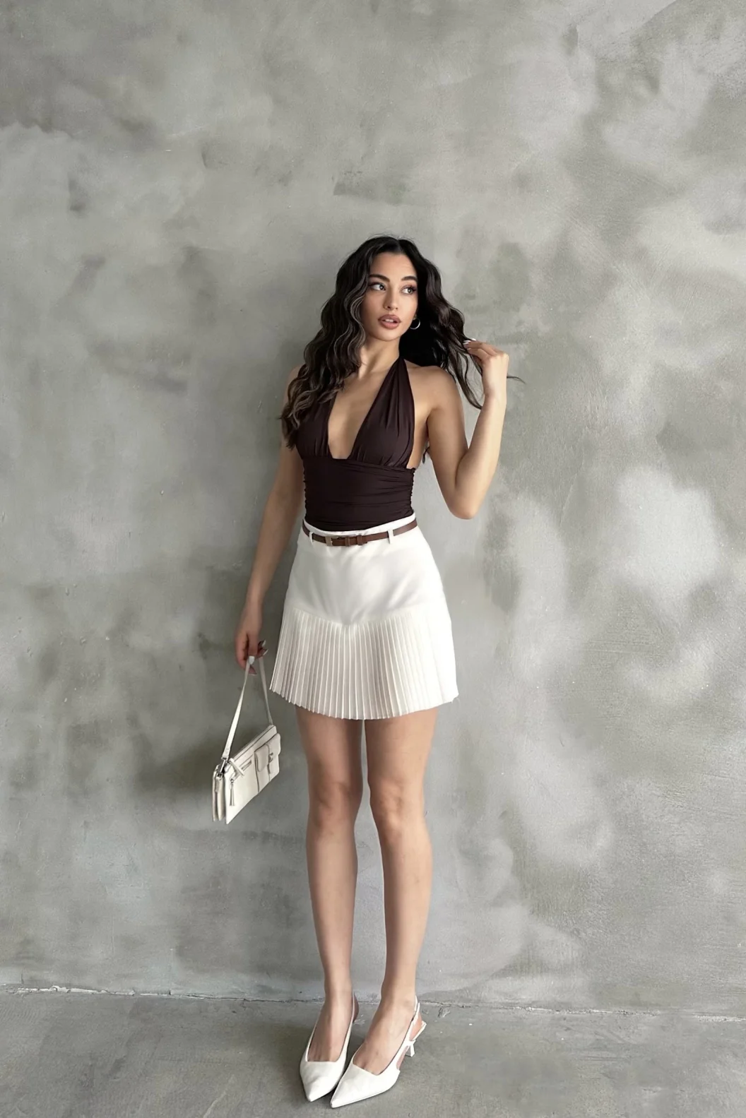 Bej Pile Detaylı Poliviskon Etek