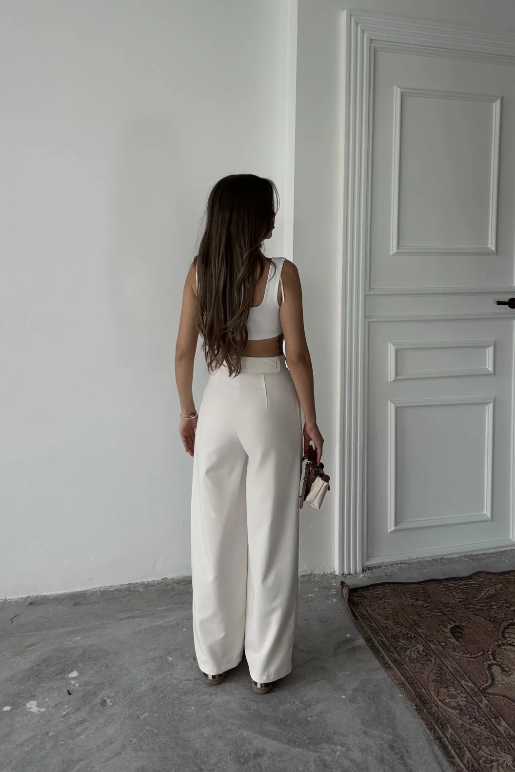 Bej Poliviskon Çift Düğme Palazzo Pantolon