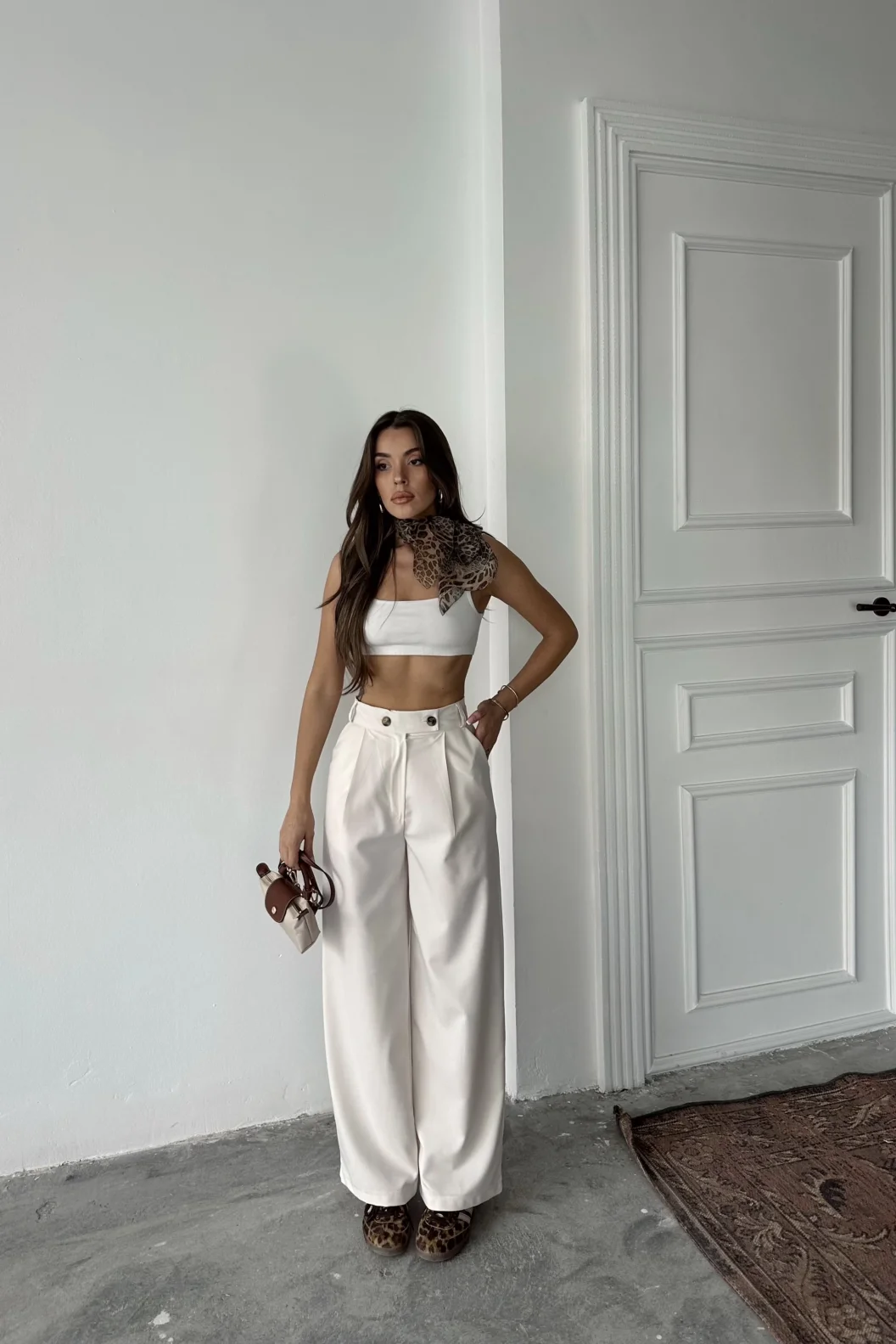 Bej Poliviskon Çift Düğme Palazzo Pantolon