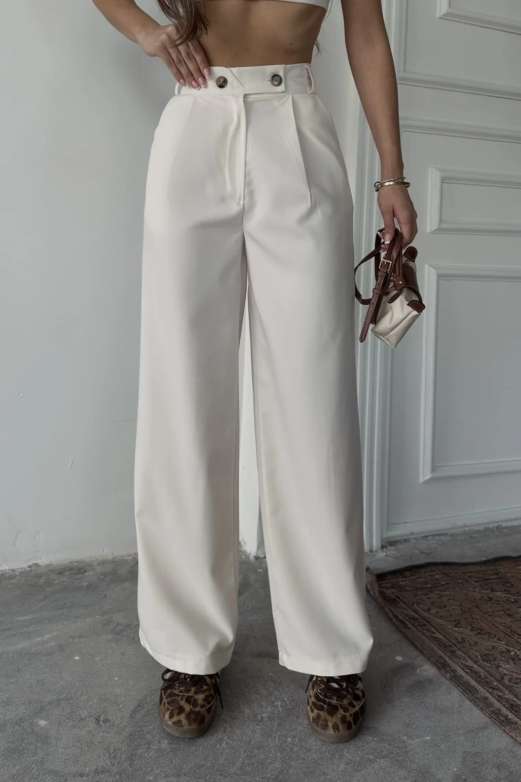 Bej Poliviskon Çift Düğme Palazzo Pantolon