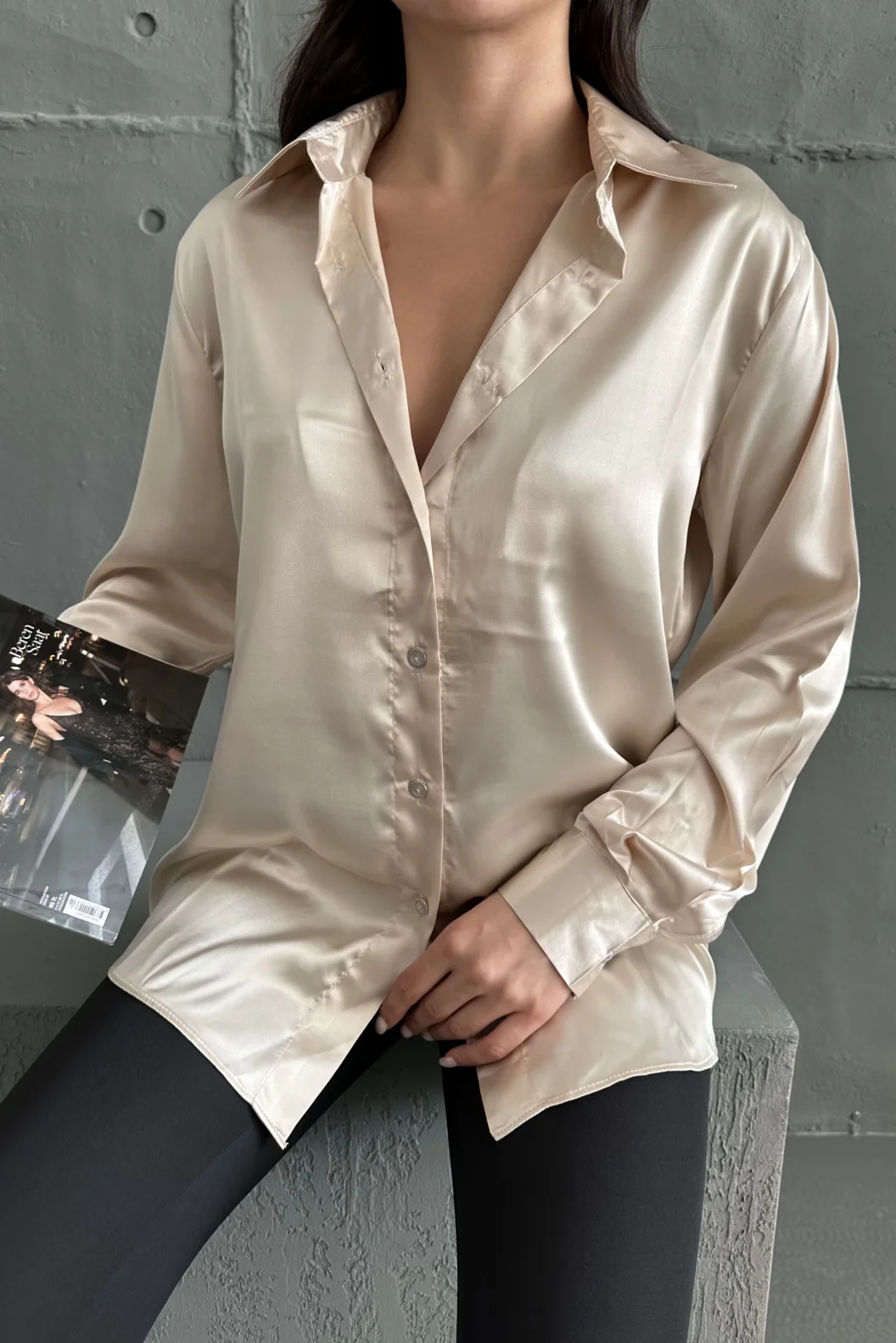 Bej Saten Oversize Gömlek