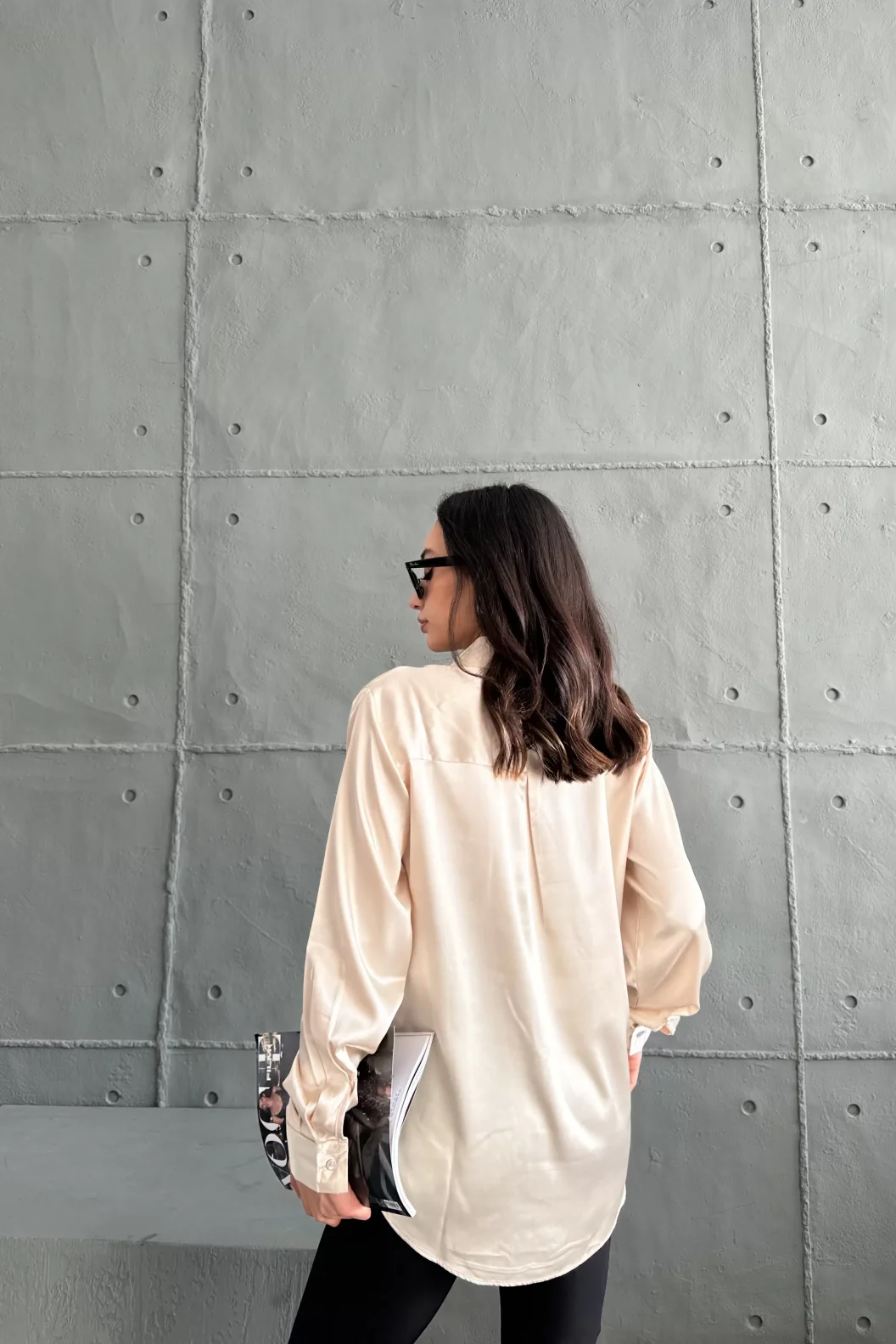 Bej Saten Oversize Gömlek