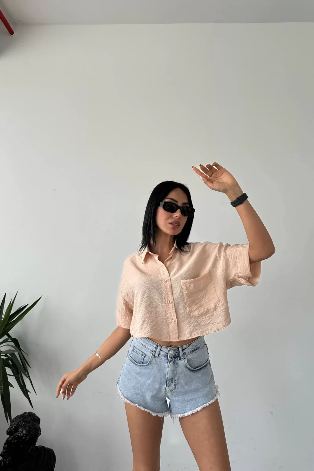 Bej Tensel Crop Cepli Gömlek