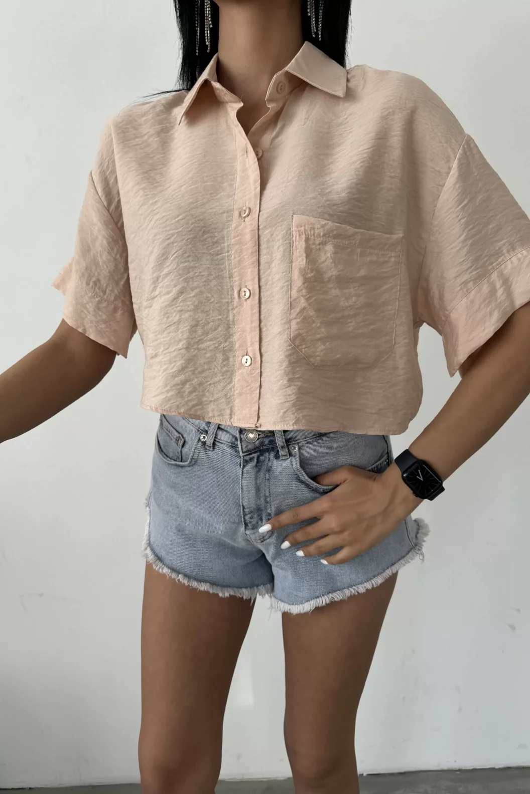 Bej Tensel Crop Cepli Gömlek