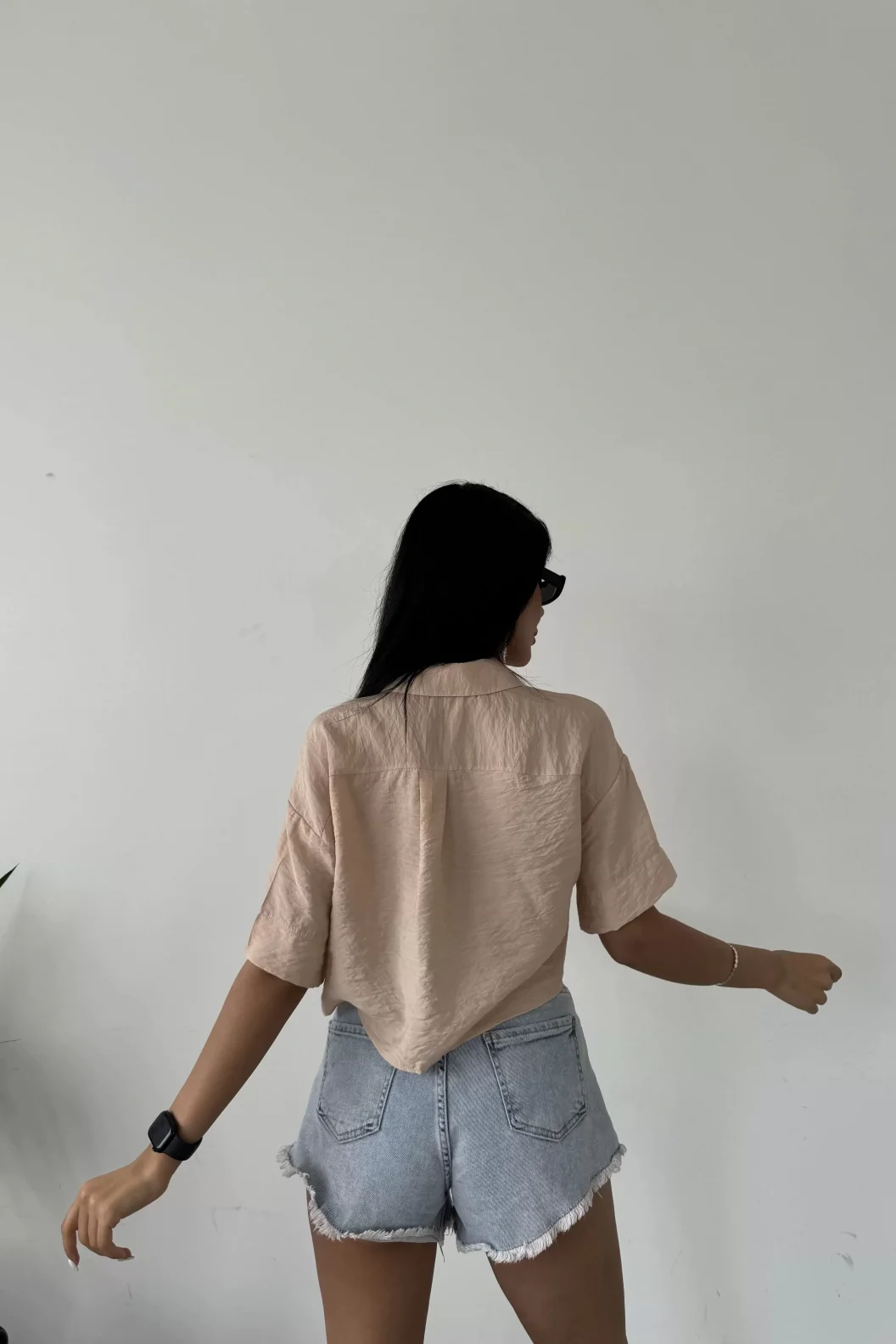 Bej Tensel Crop Cepli Gömlek