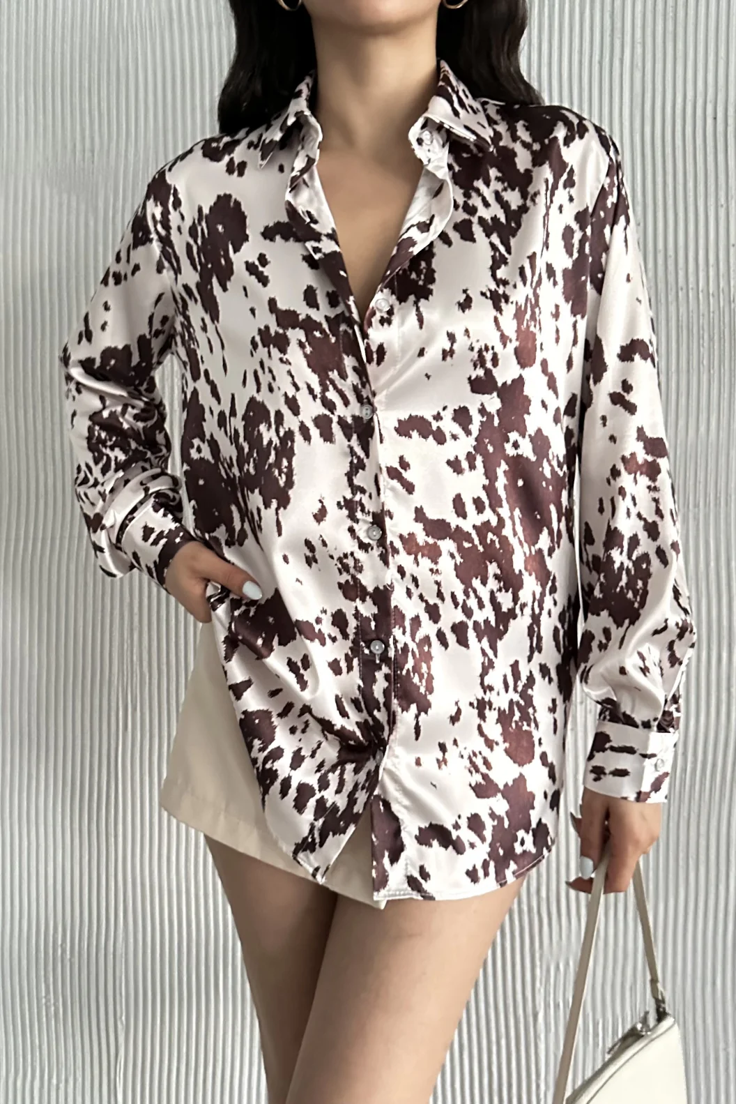 Benek Desen Saten Oversize Gömlek