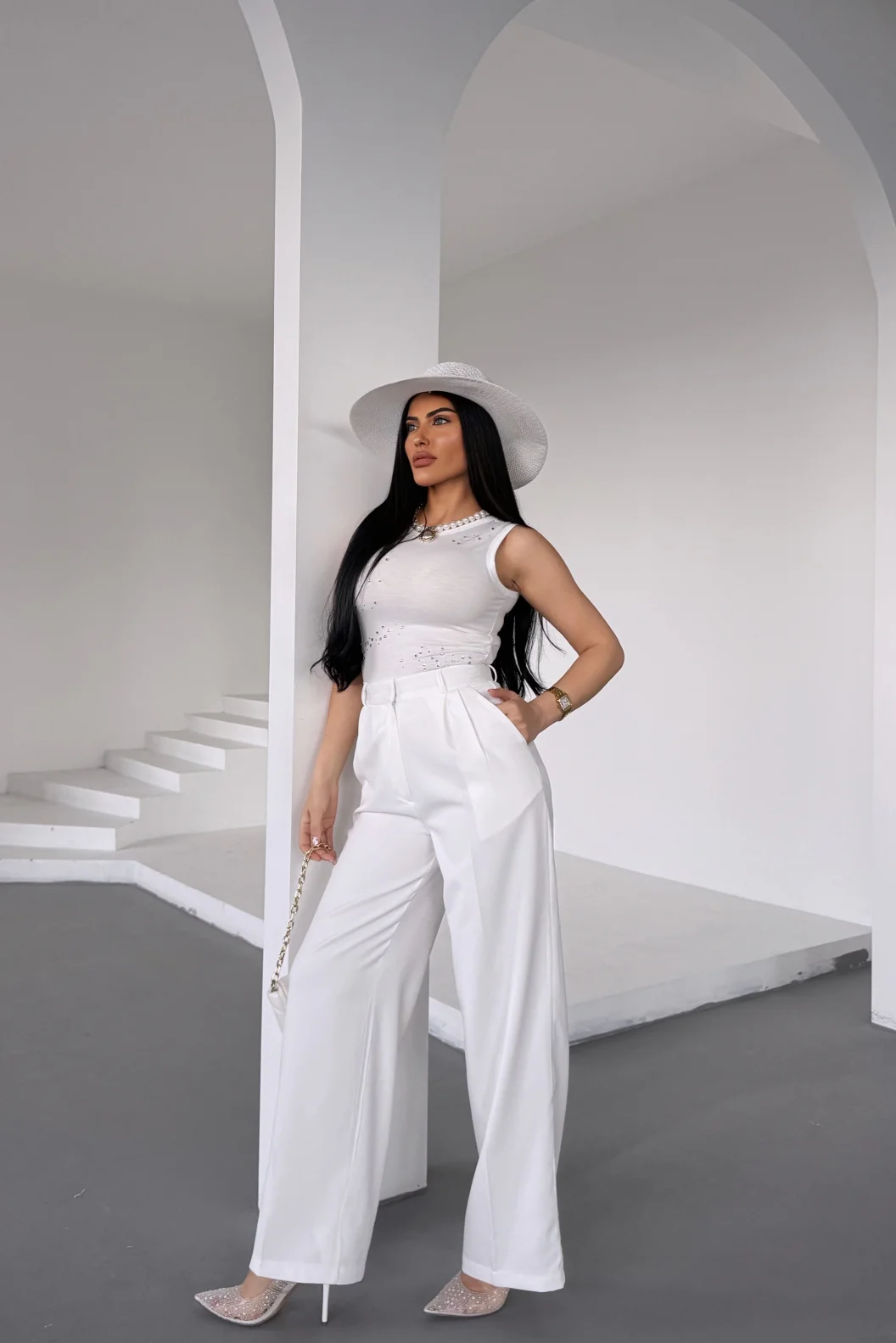 Beyaz Atlas Palazzo Pantolon