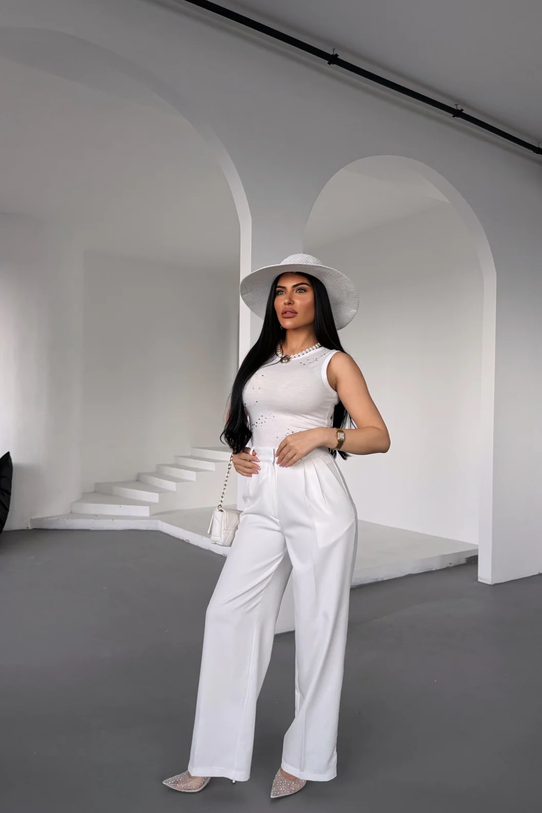 Beyaz Atlas Palazzo Pantolon