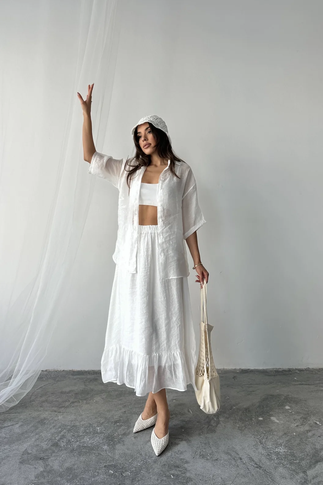 Beyaz Oversize Gömlek Etek Takım