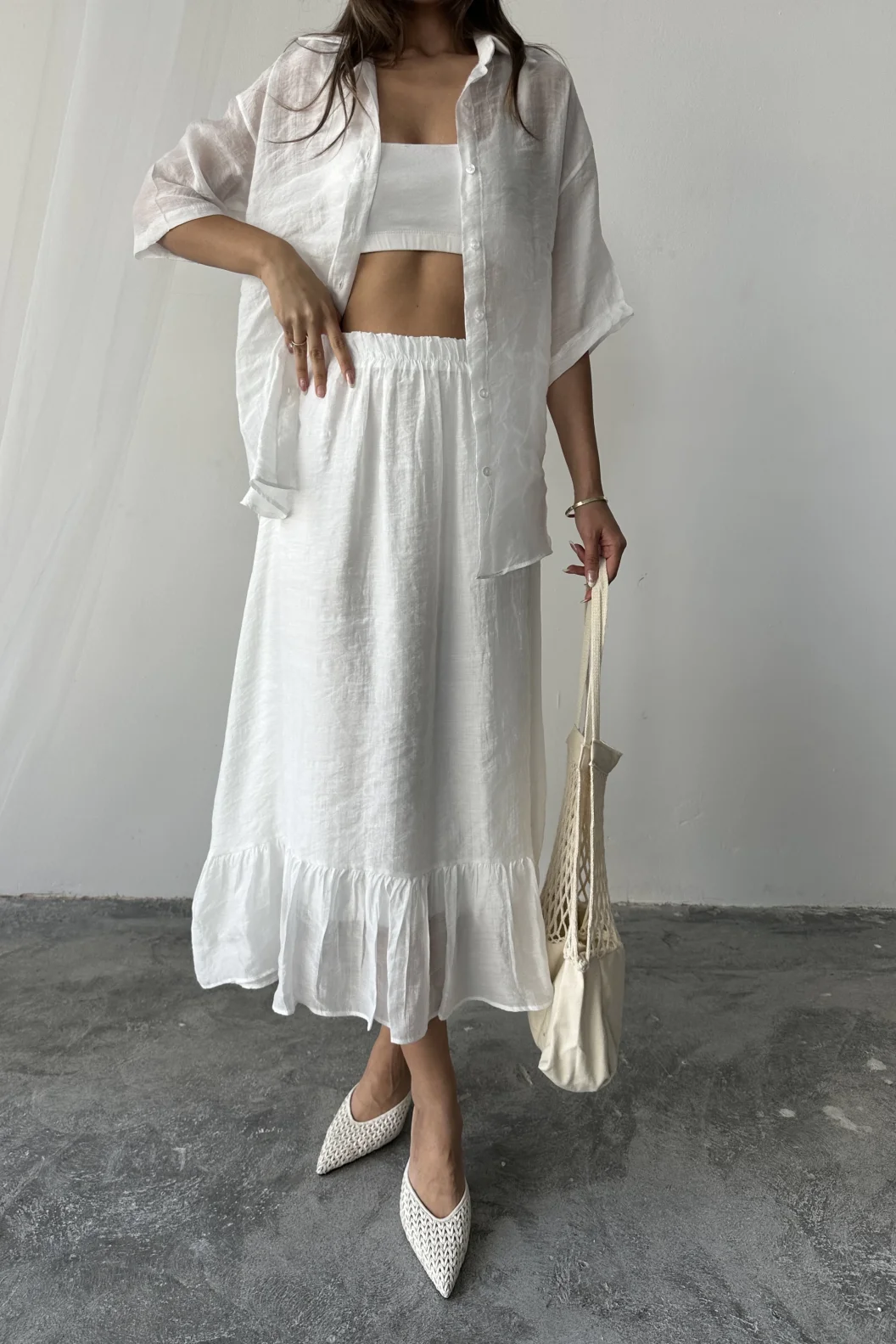 Beyaz Oversize Gömlek Etek Takım