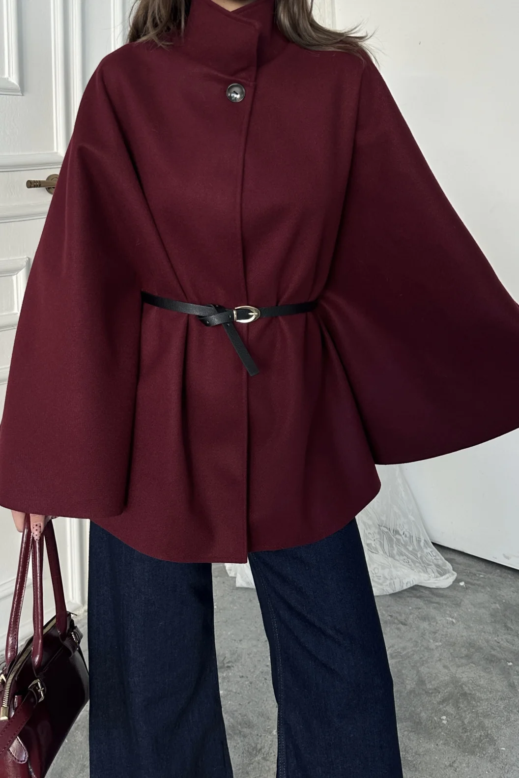 Bordo Kaşe Kemerli Panço