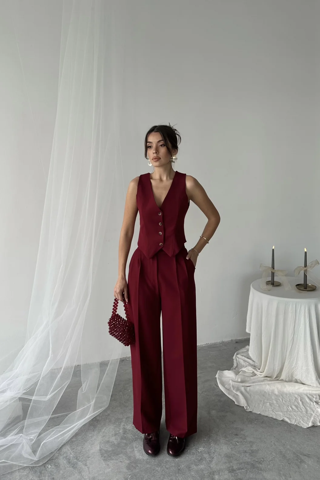 Bordo Kemer Detaylı Atlas Palazzo Pantolon