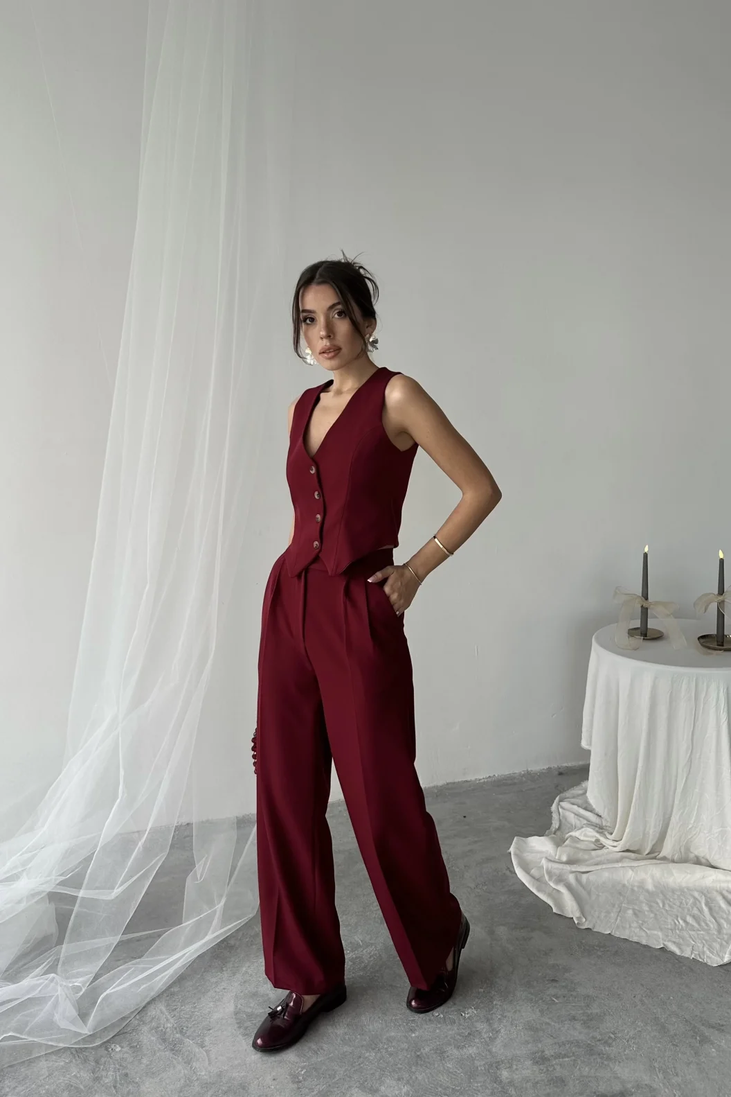 Bordo Kemer Detaylı Atlas Palazzo Pantolon