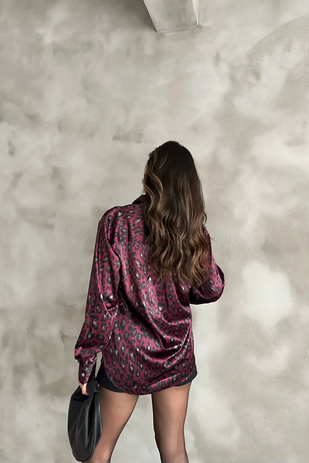 Bordo Leopar Saten Oversize Gömlek