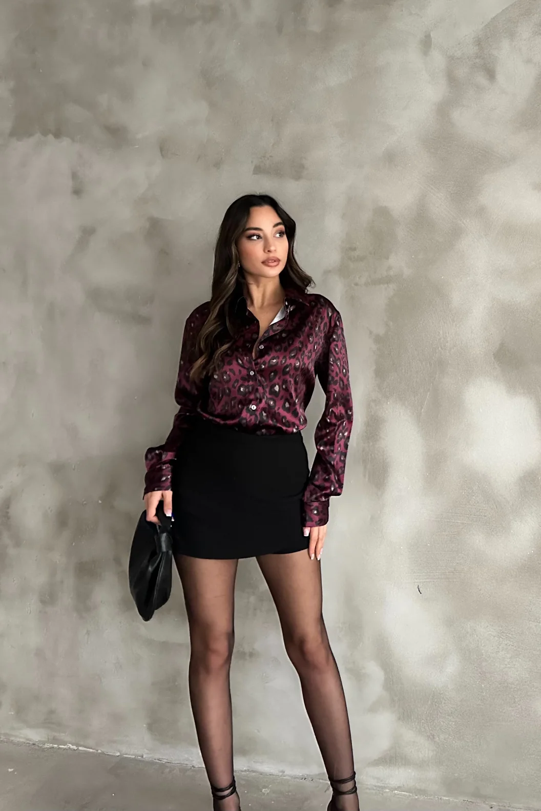 Bordo Leopar Saten Oversize Gömlek