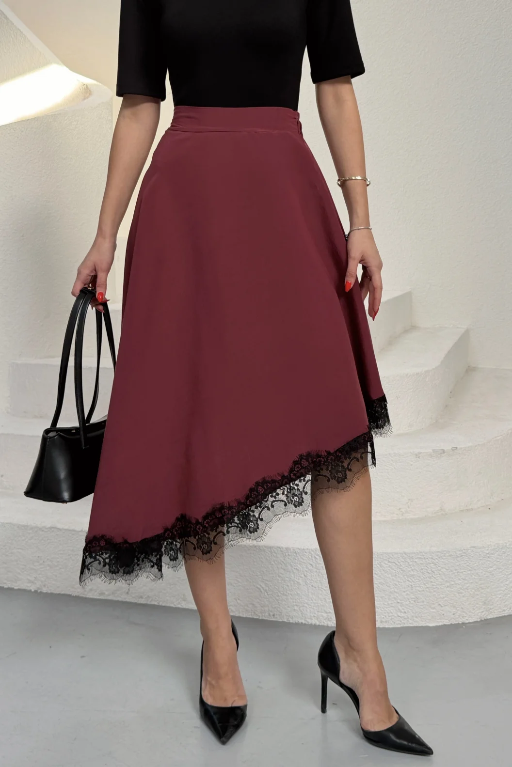 Bordo Modal Dantelli Etek