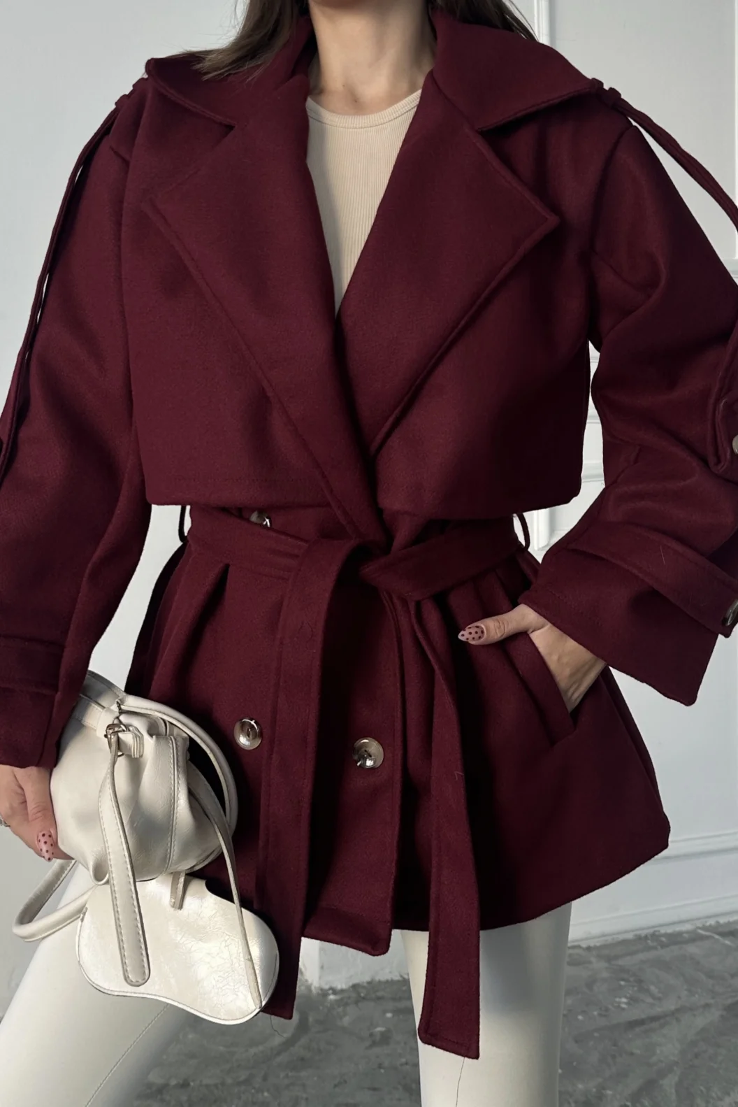 Bordo Modern Kesim Bordo Kaşe Kaban