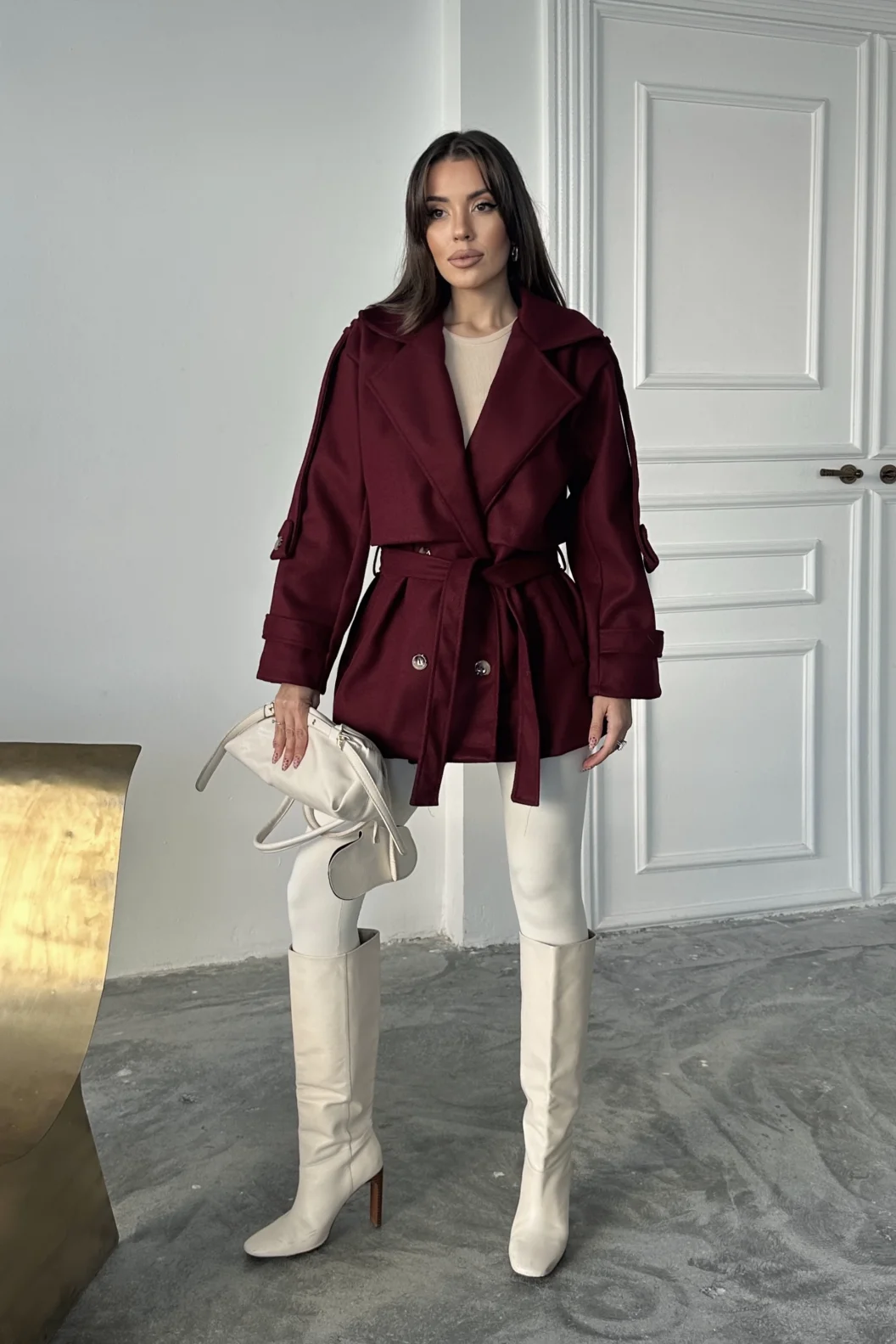 Bordo Modern Kesim Bordo Kaşe Kaban