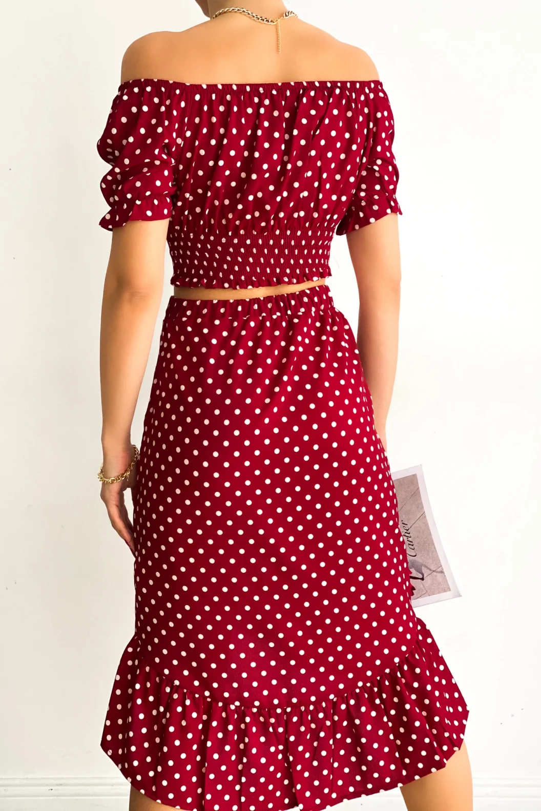 Bordo Puantiye Büstiyer Etek Takım