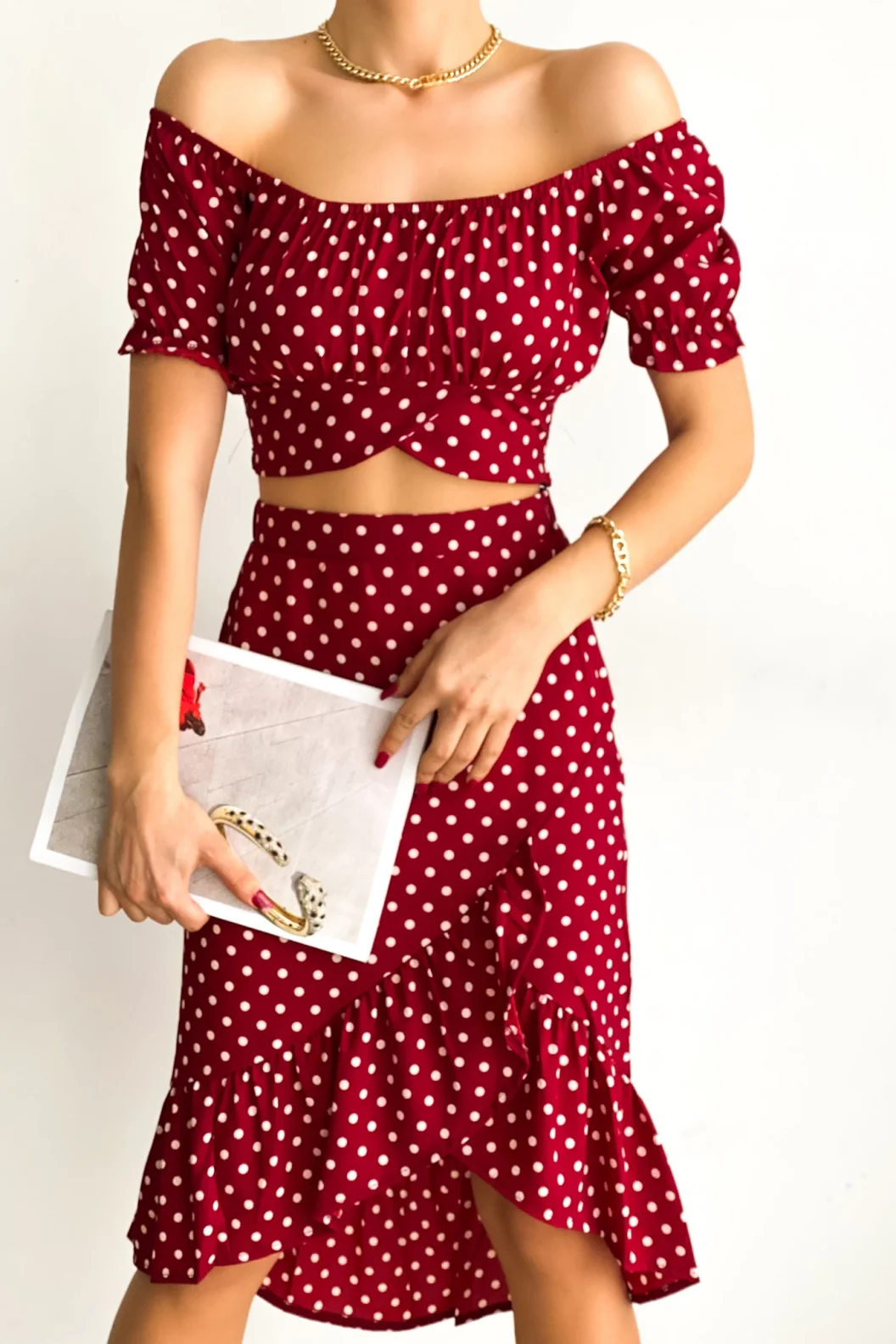 Bordo Puantiye Büstiyer Etek Takım