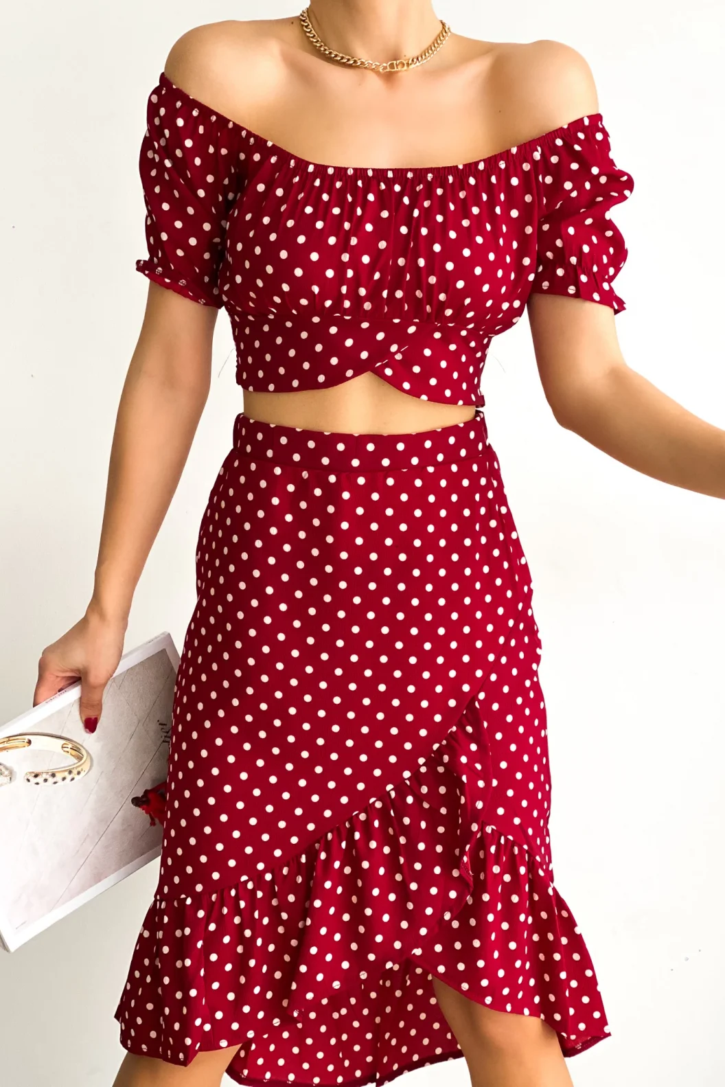 Bordo Puantiye Büstiyer Etek Takım