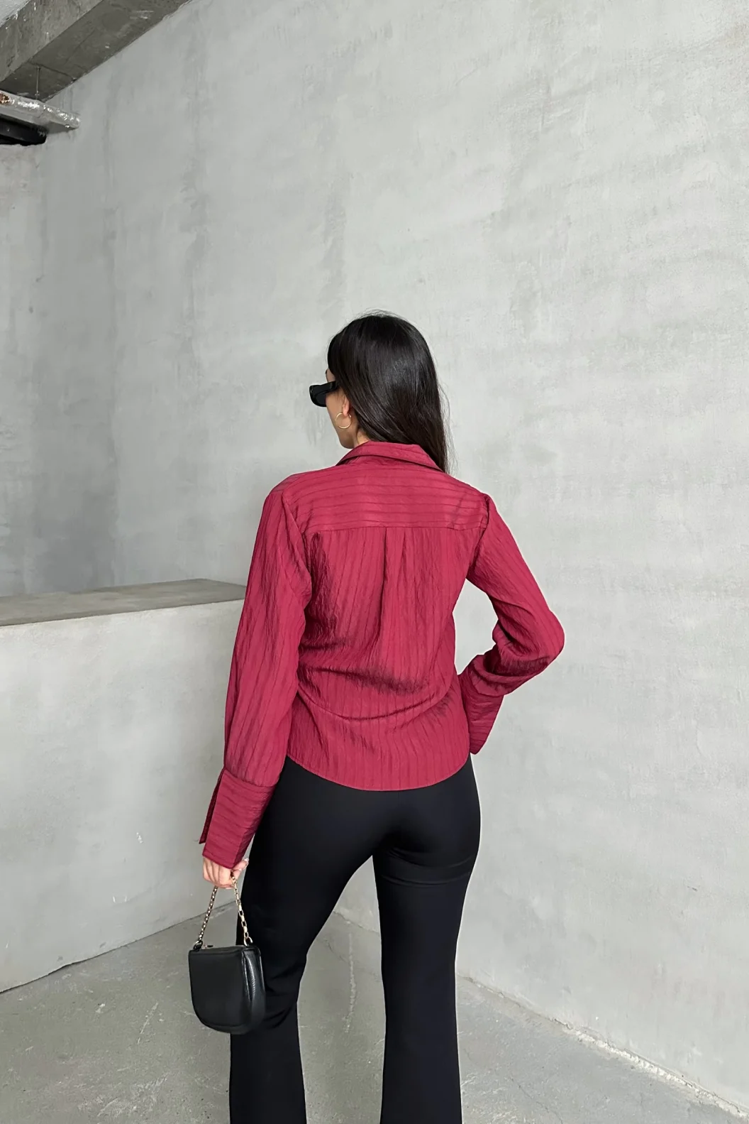 Bordo Yan Bağlamalı Çizgi Desenli Gömlek