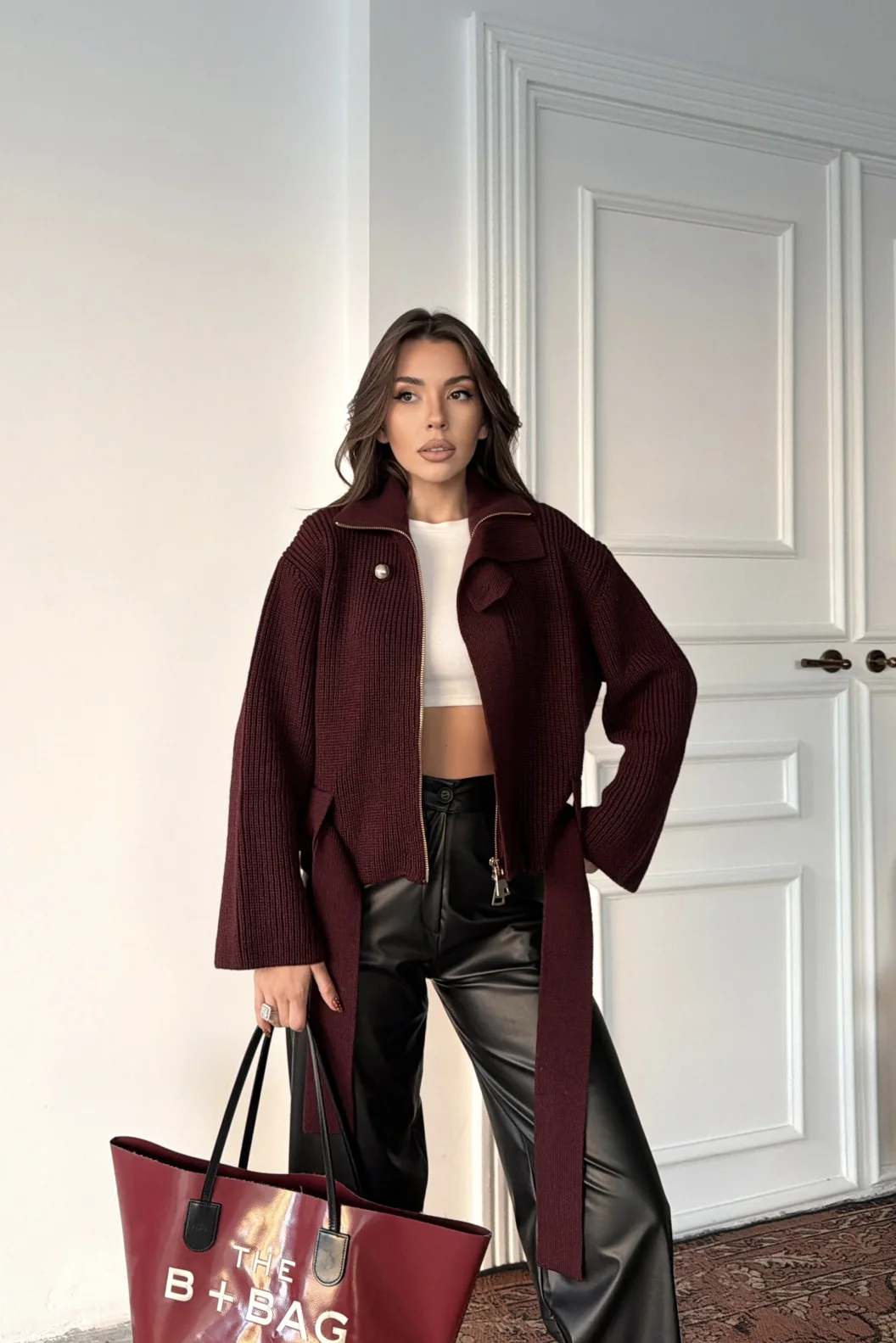 Dilvin Bordo Fermuarlı Kemerli Yünlü Triko Hırka