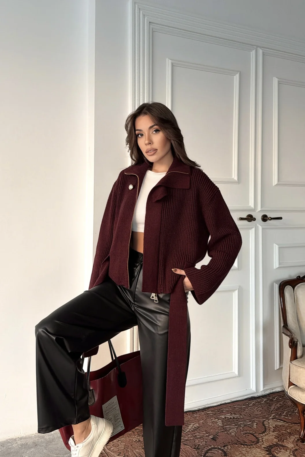 Dilvin Bordo Fermuarlı Kemerli Yünlü Triko Hırka