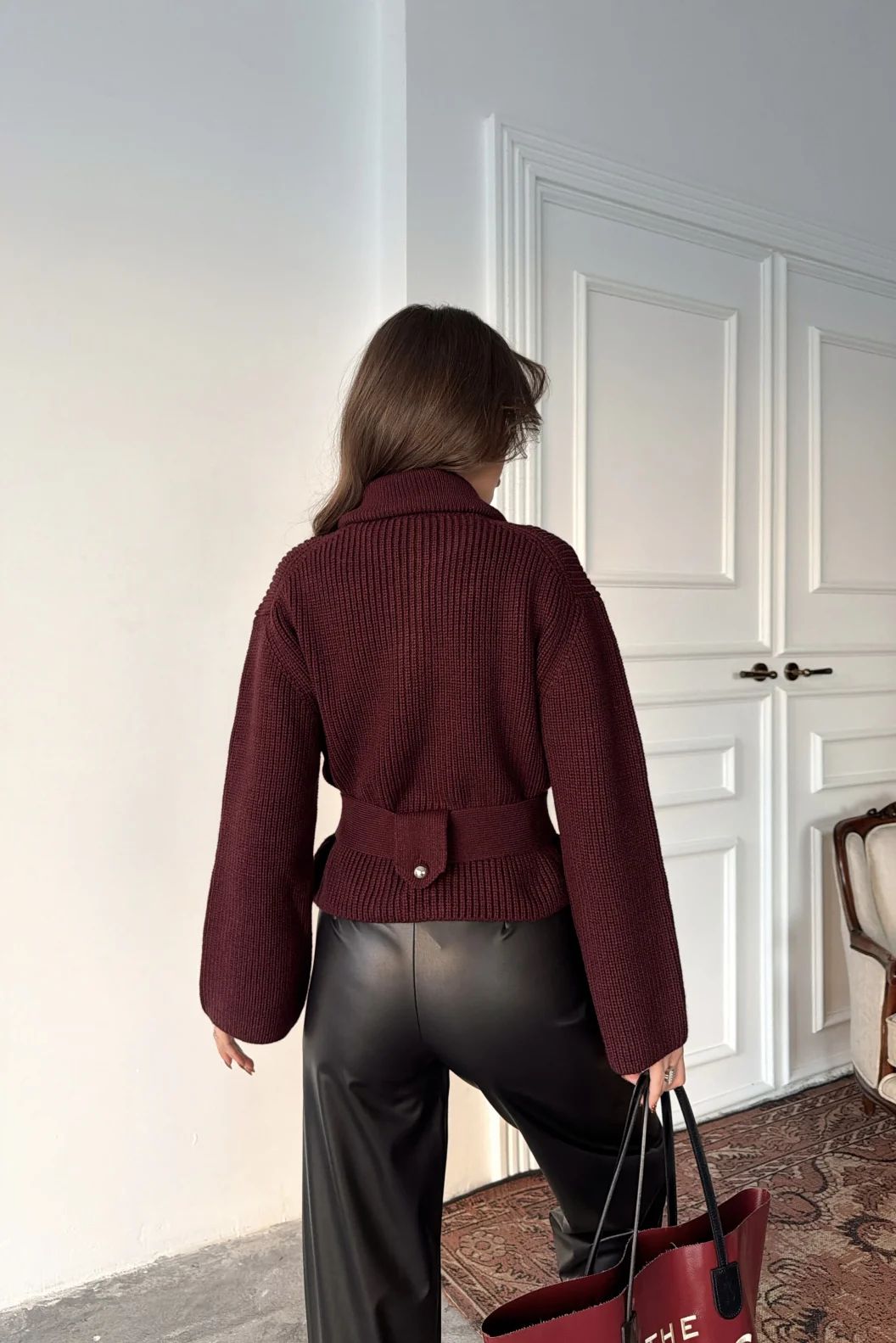 Dilvin Bordo Fermuarlı Kemerli Yünlü Triko Hırka