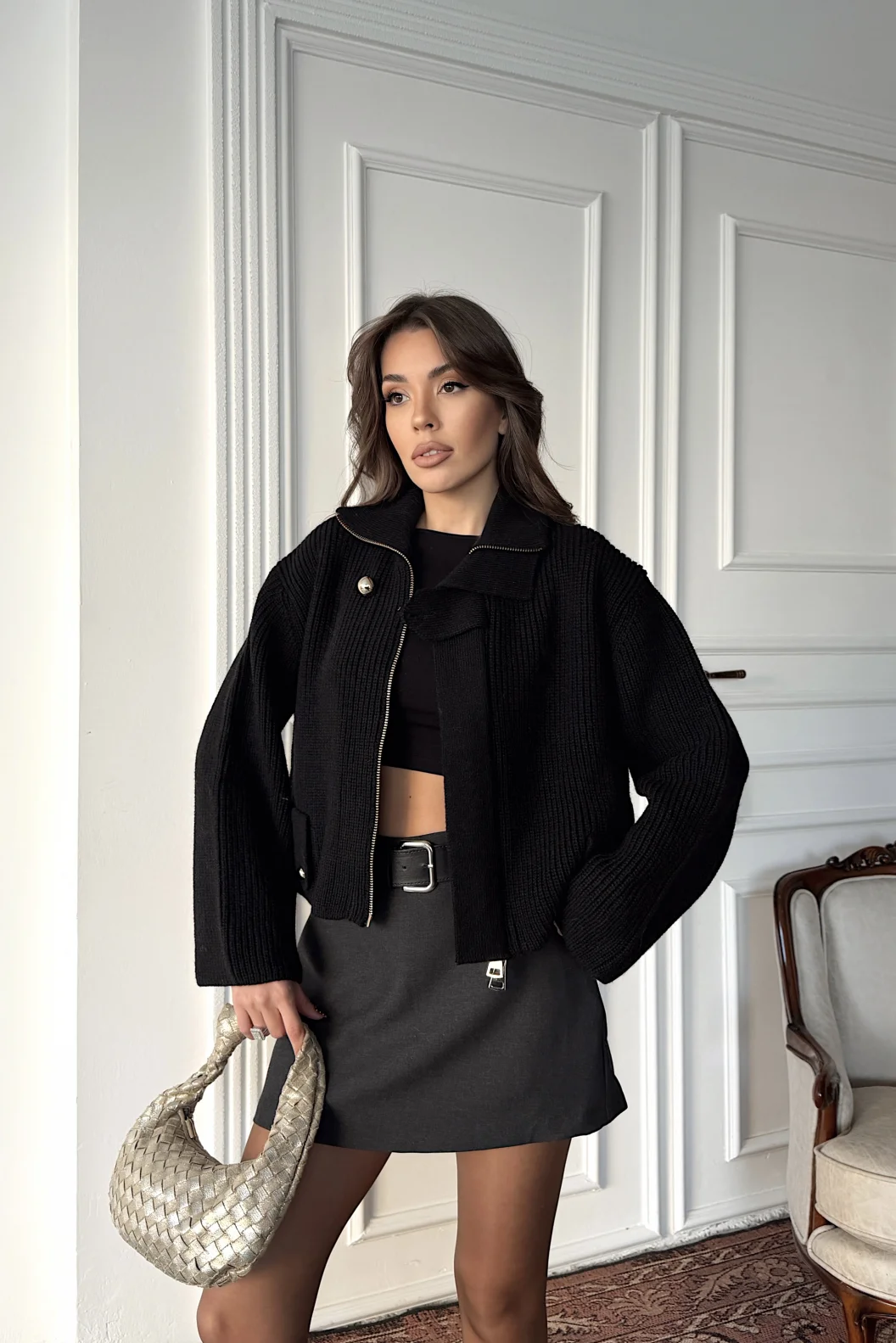 Dilvin Siyah Fermuarlı Kemerli Yünlü Triko Hırka