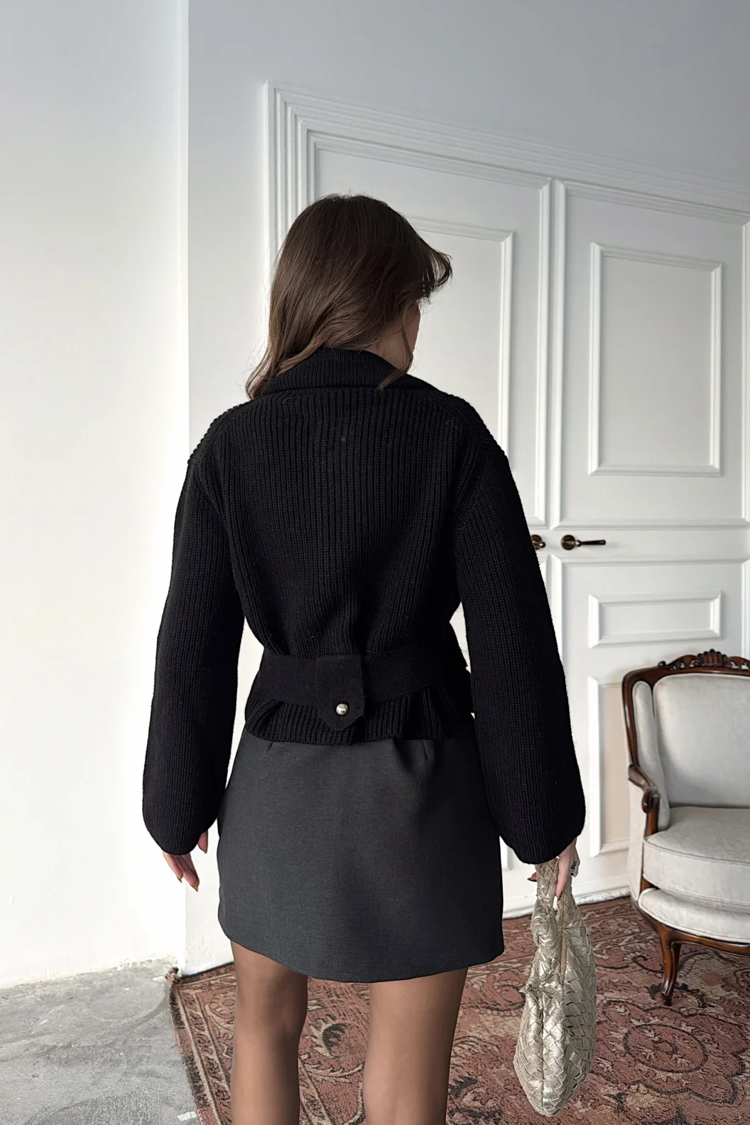 Dilvin Siyah Fermuarlı Kemerli Yünlü Triko Hırka